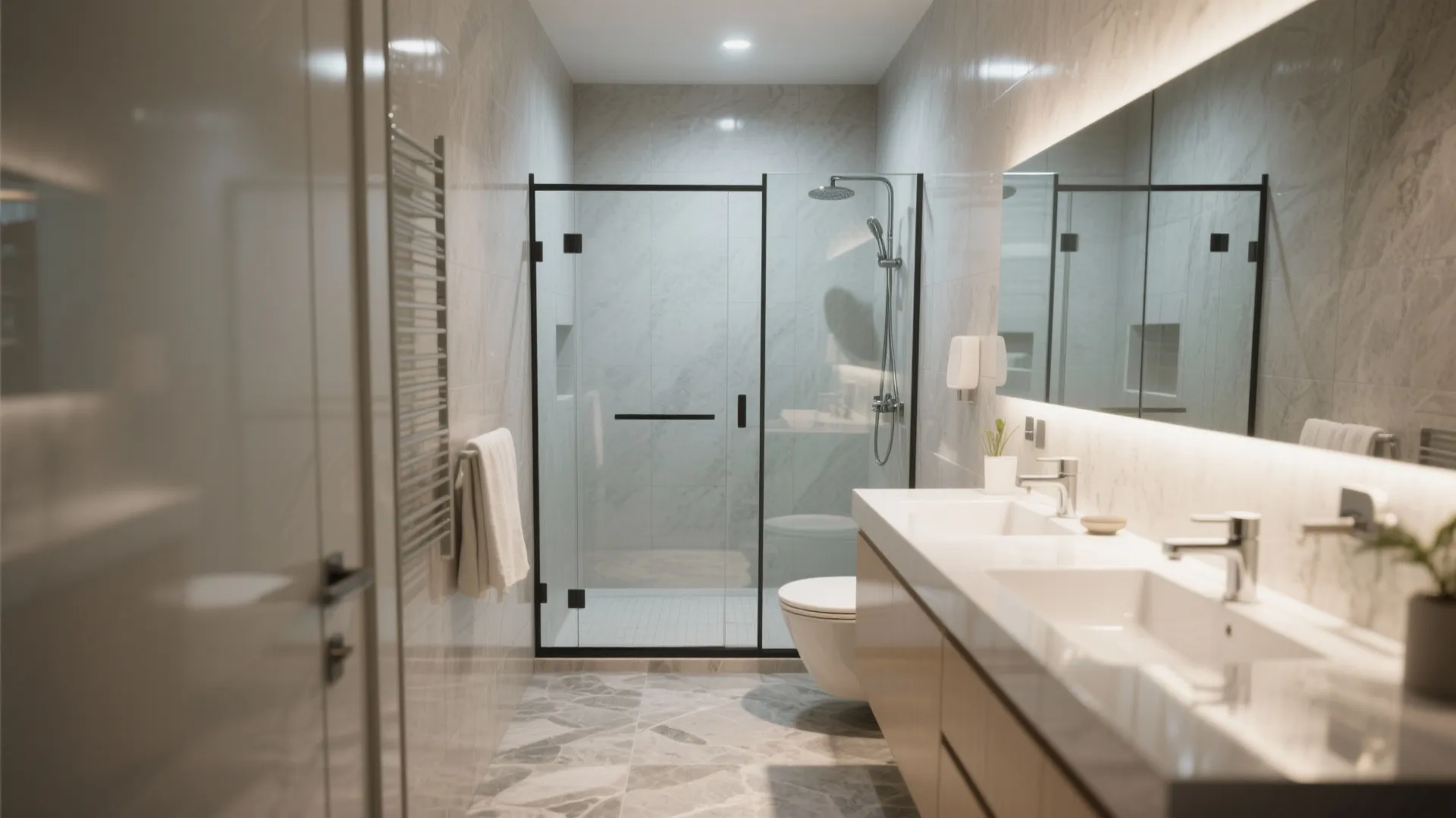 Modern bathroom with marble walls glass shower door black frame toilet and double sink vanity