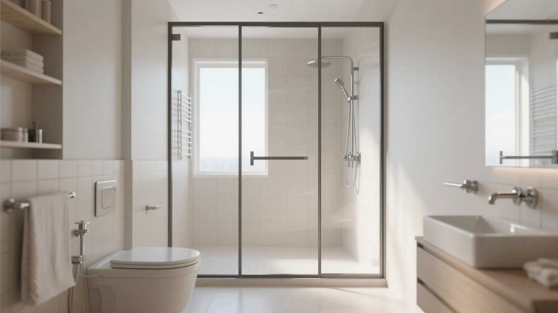 Bright bathroom featuring glass shower doors next to white toilet and a wooden sink cabinet