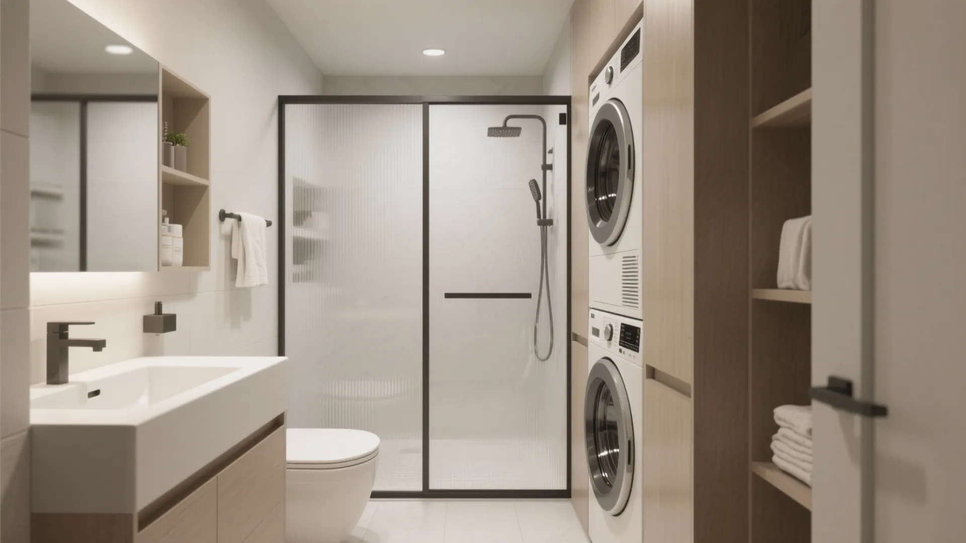 2. Sliding Glass Shower with Adjacent Laundry Zone