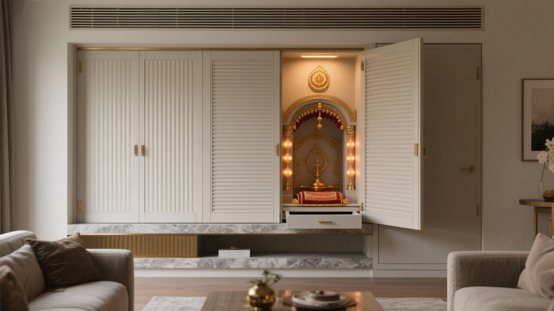 Modern white cabinet with open sliding shutter doors revealing a gold prayer unit and light