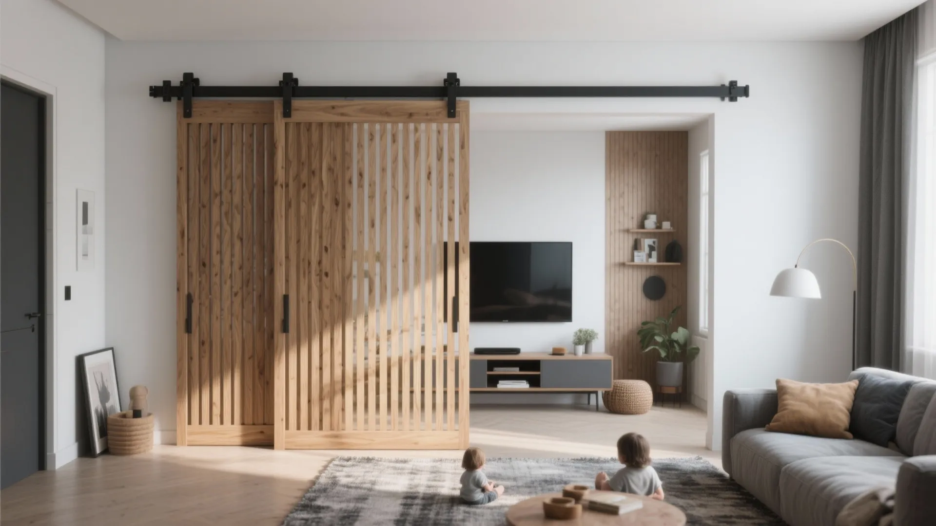Modern living room with wooden sliding doors separating a television area from a grey sofa
