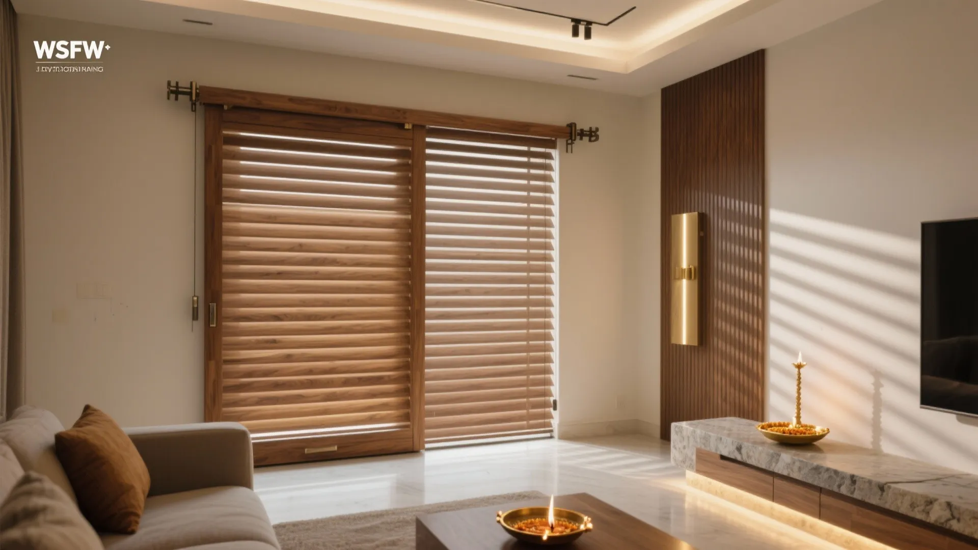 Living room with wooden window blinds plus marble cabinet and vertical wood wall panel design