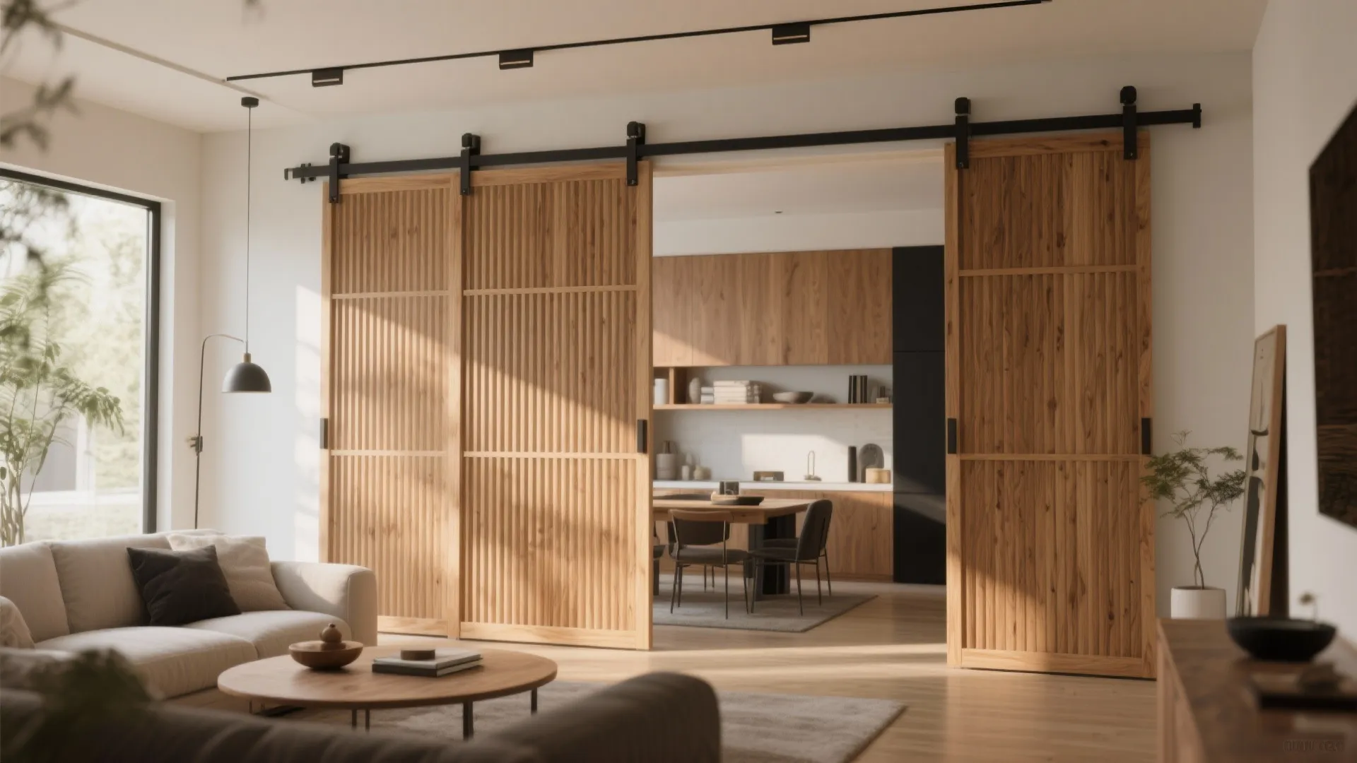 Sliding Wooden Slat Screens on a Ceiling Track