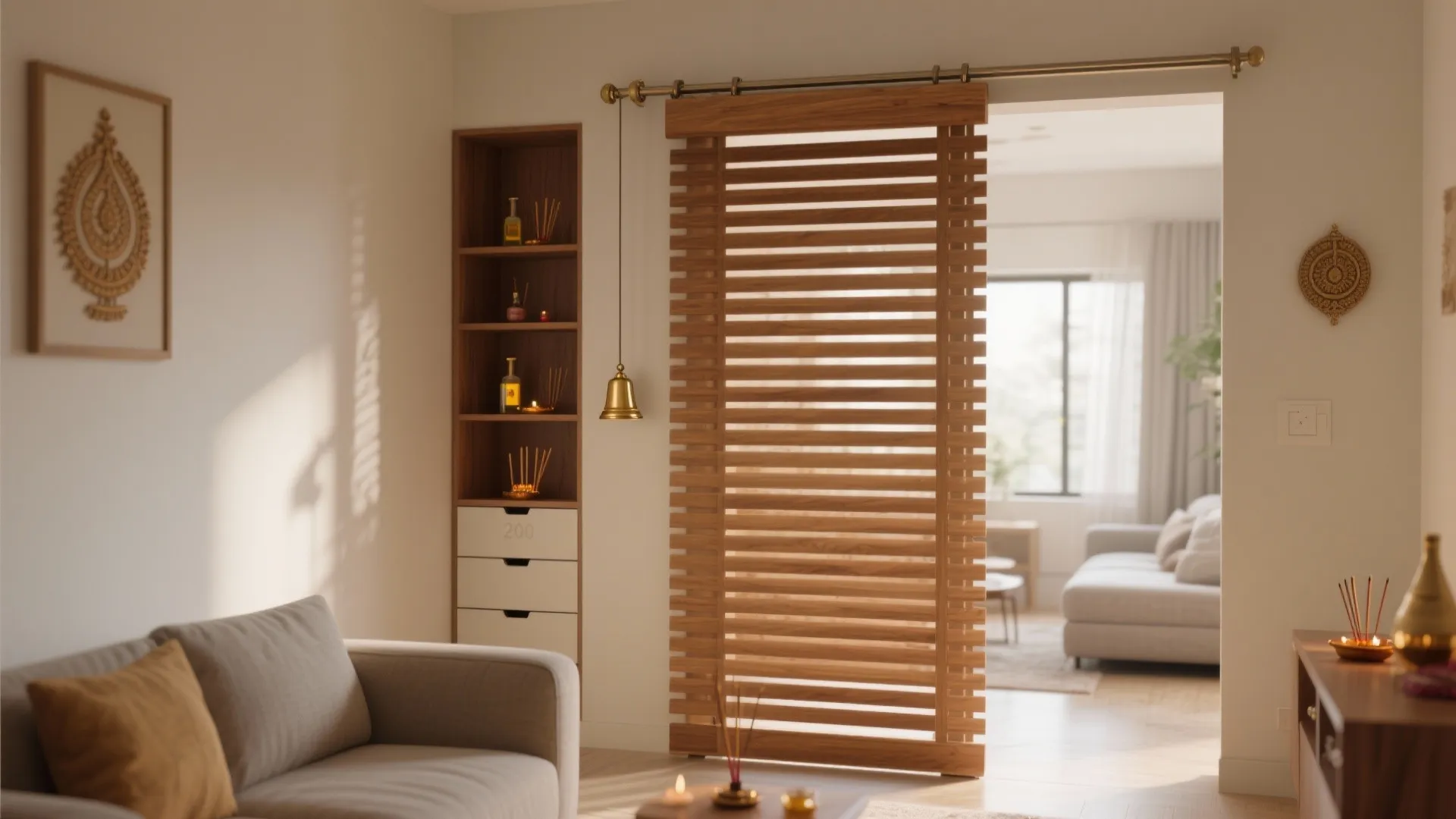 Sliding wooden slat partition with hidden storage creates a breathable pooja corner in a small living room.