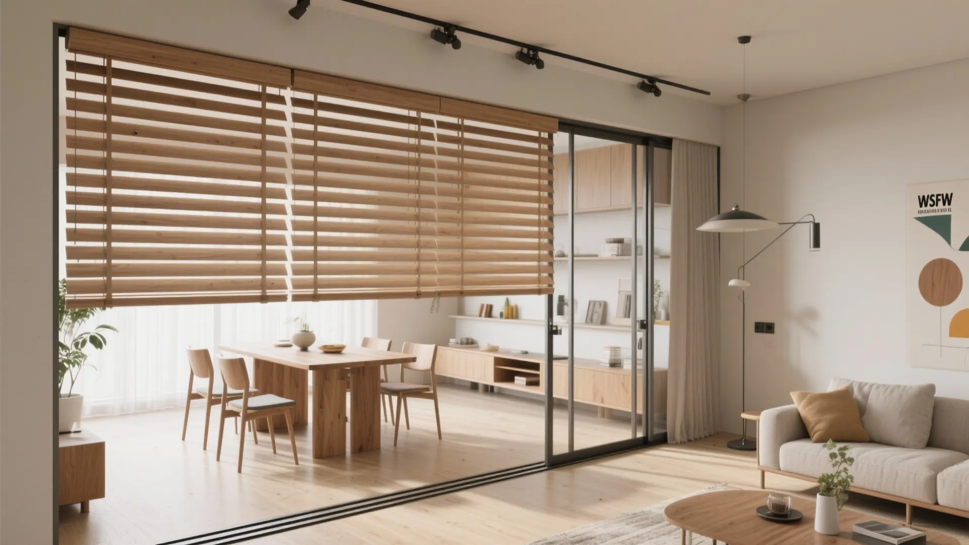 Modern dining room with wooden table and chairs plus large window blinds and glass door