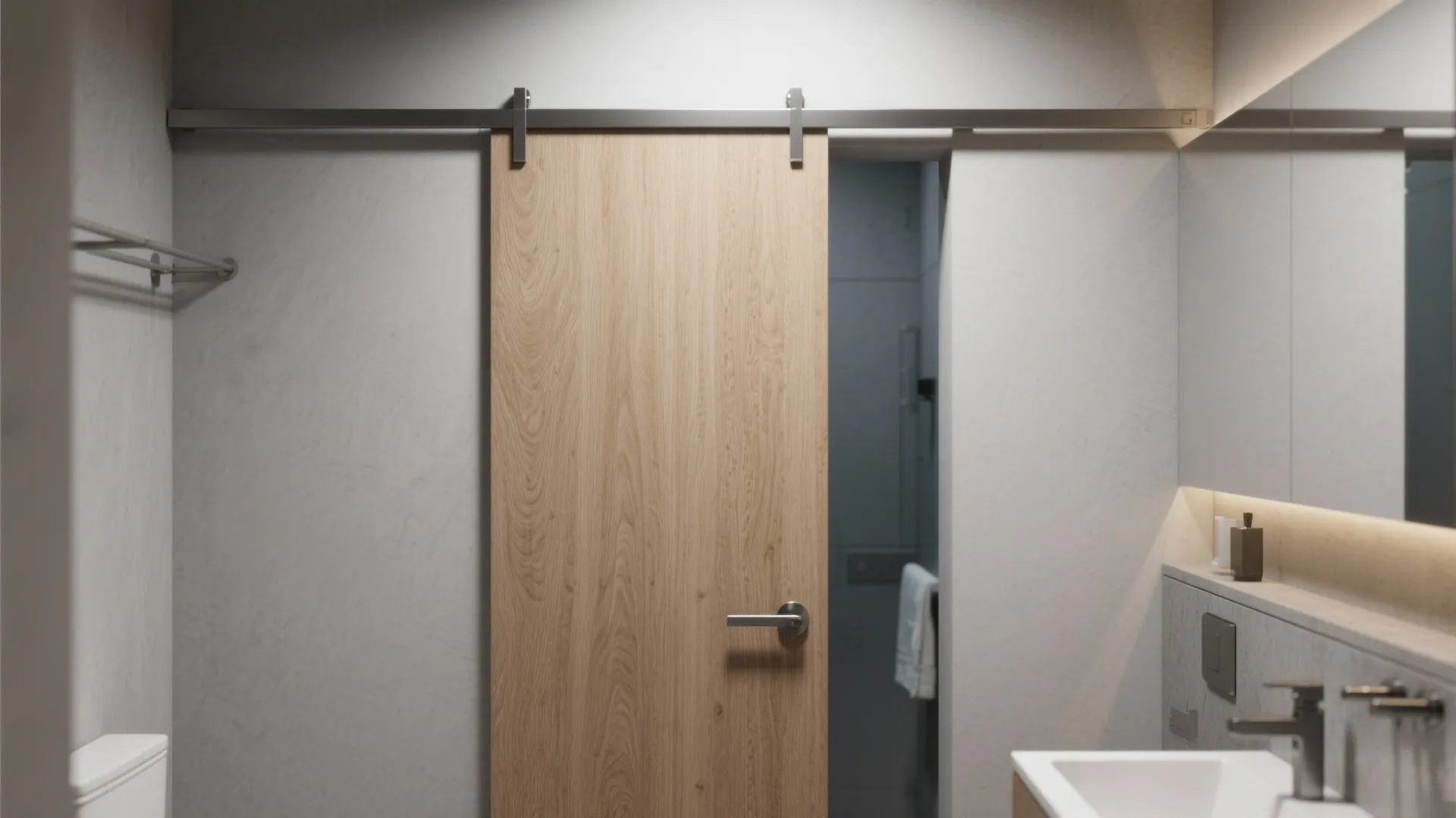 Wooden sliding door on a metal track inside a modern bathroom with grey wall tiles