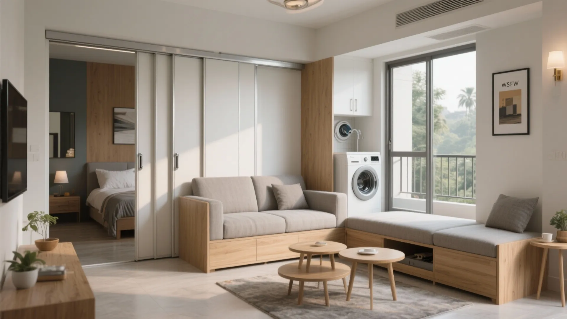 Multi-functional furniture and sliding doors to save space