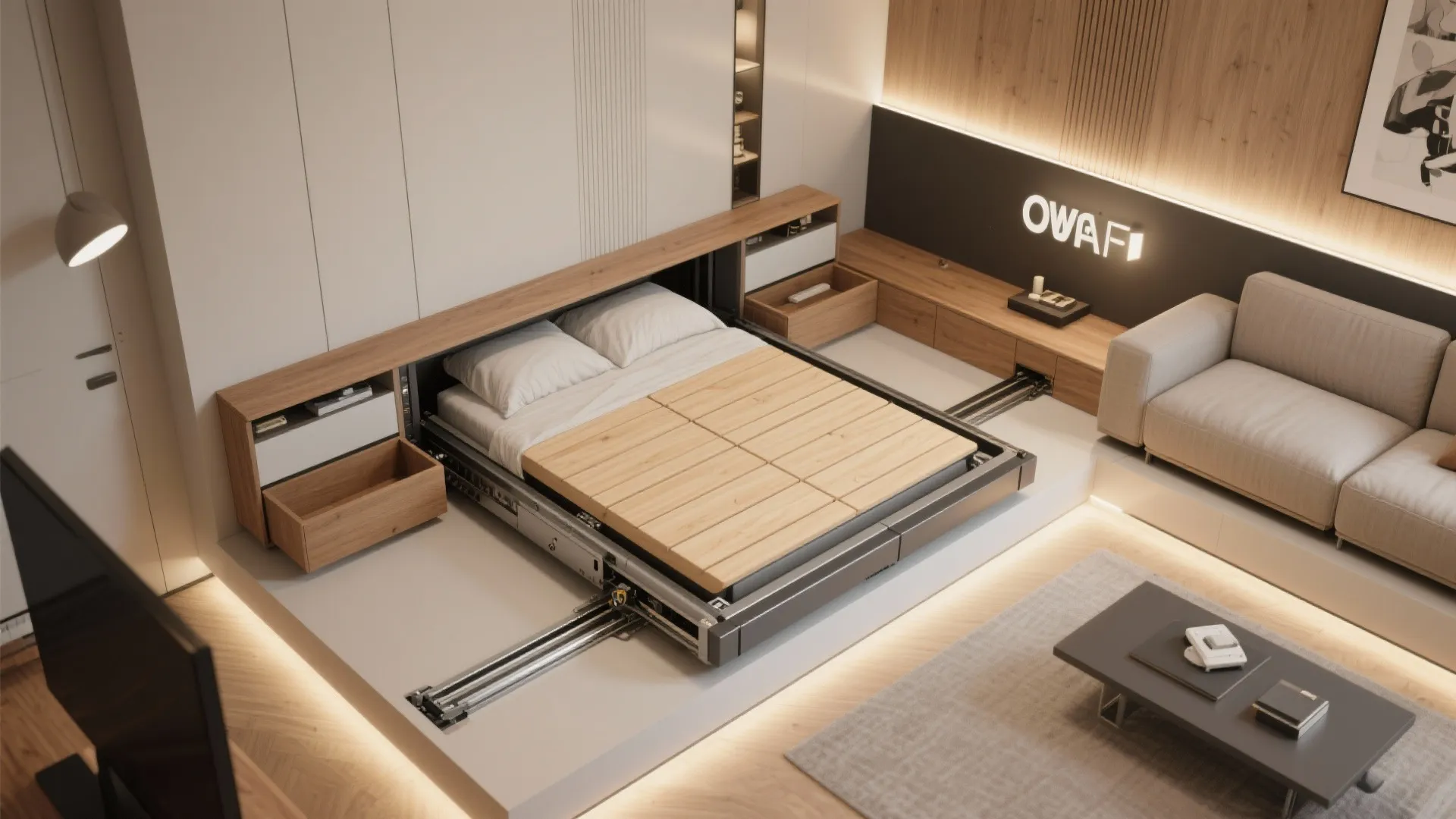 Modern interior design drawing showing a pull out bed sliding under a wooden cabinet unit