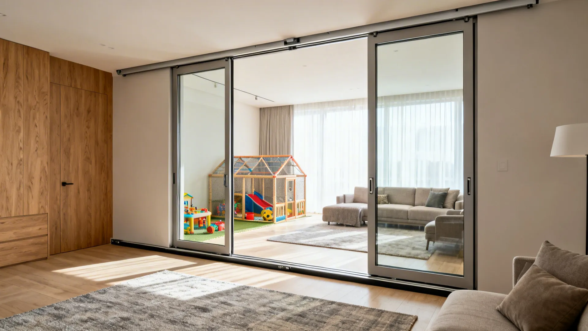 Top-hung sliding glass panels with soft-close track divide living zones.