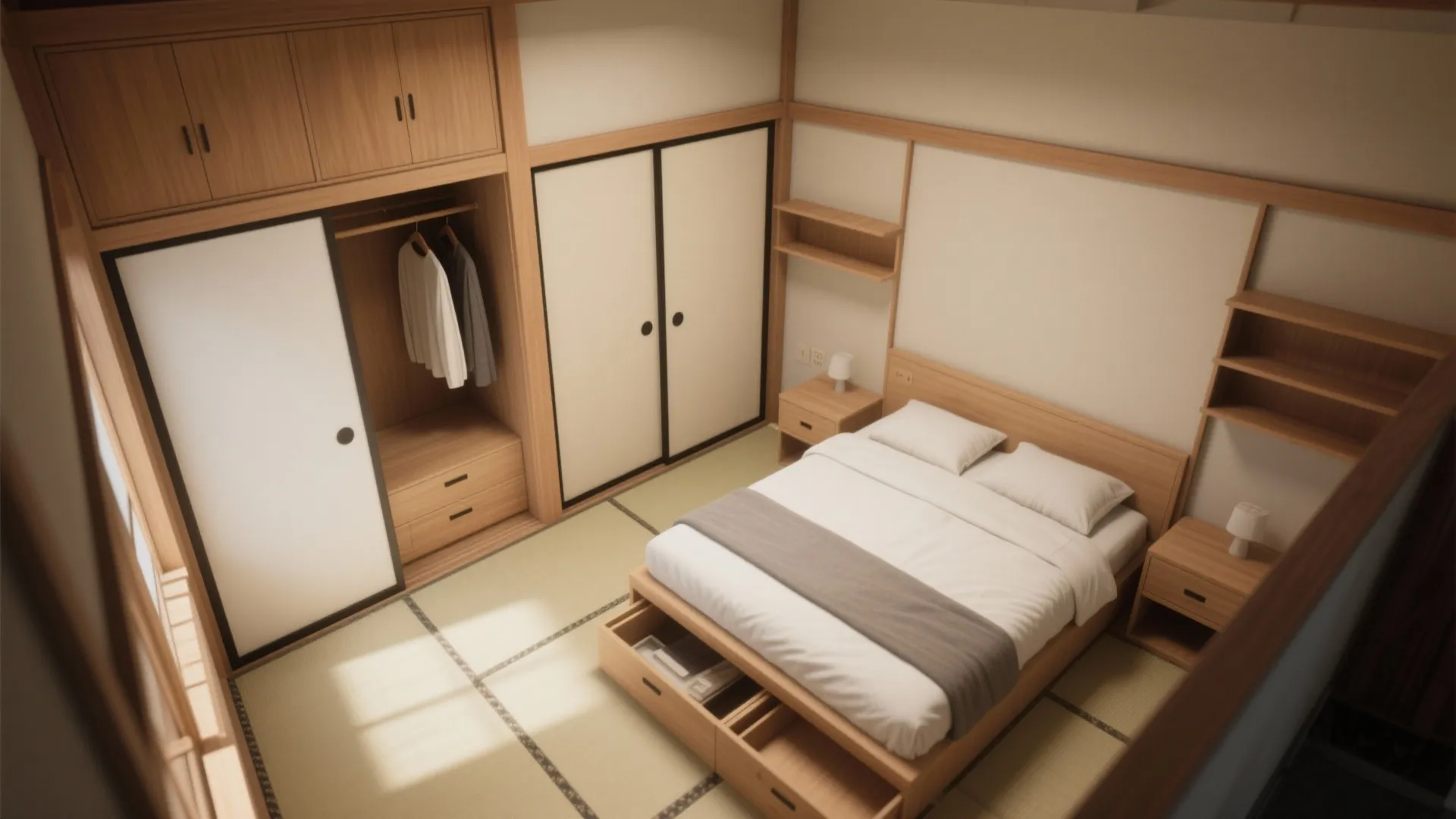 Top-down view of a small Japanese bedroom layout highlighting sliding doors and integrated storage.