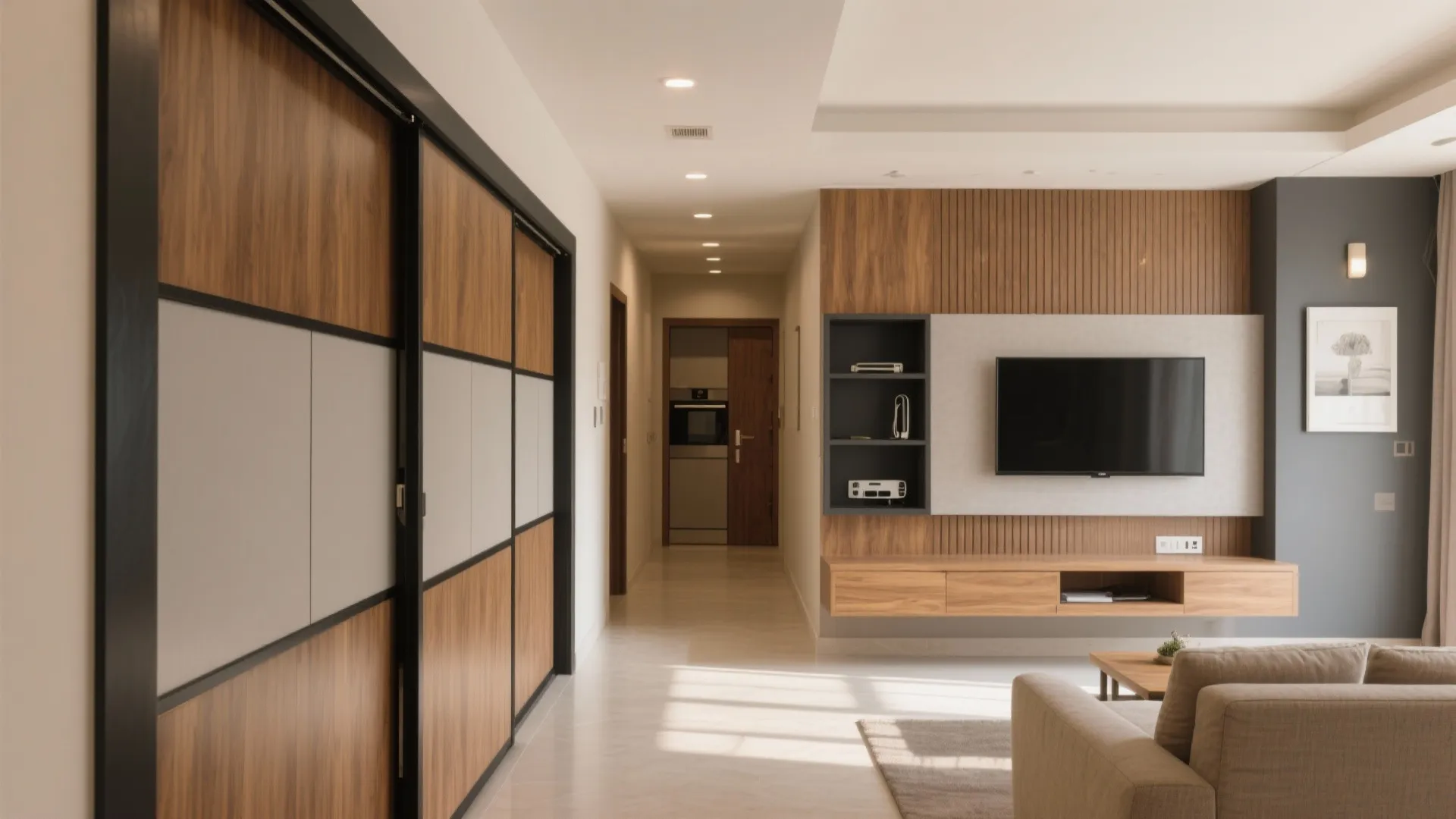 Sliding doors + storage walls for clutter-free living