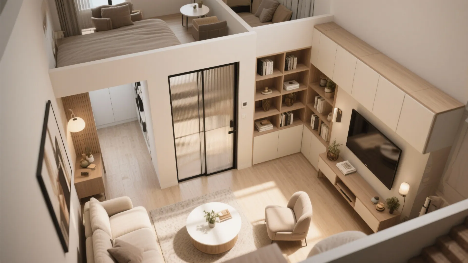 Interior design drawing of a small apartment with a loft bed and wooden storage cabinets