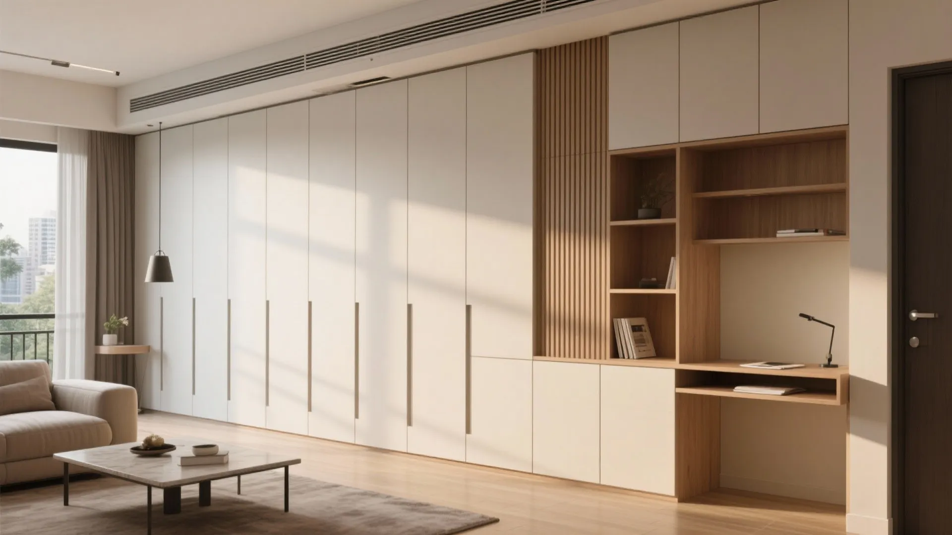 Minimalist living room with large white wall cabinet integrated wooden desk and comfortable grey sofa