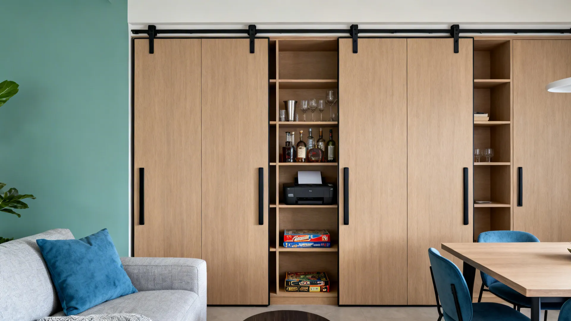 Shallow sliding-door storage wall in matte oak keeping an L-shaped living-dining space tidy.