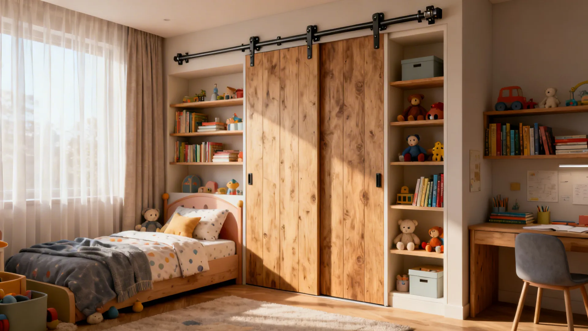 Sliding partition with integrated shelving separating a bed and study area, wood panels and soft daylight.