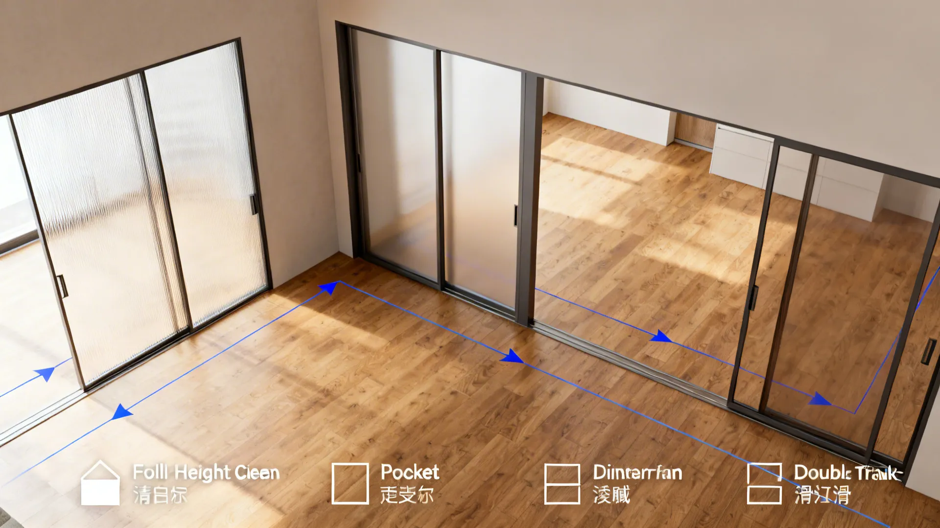 Top-down plan showing different sliding door strategies in a living–dining layout.