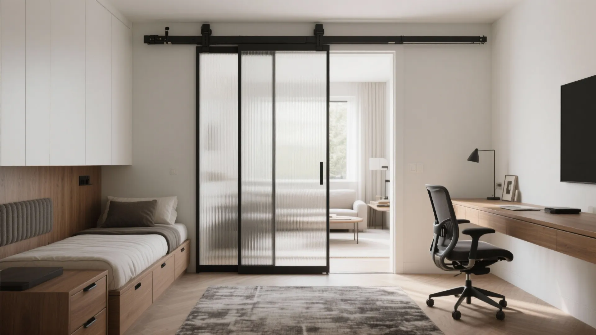 Sliding partitions to flex a study–guest room combo