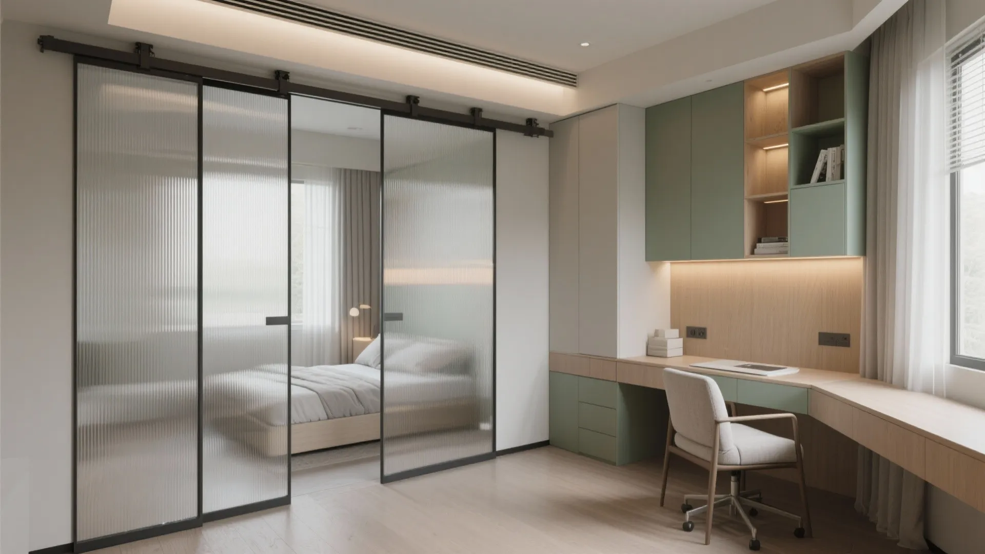 Flexible study-guest room with sliding partitions