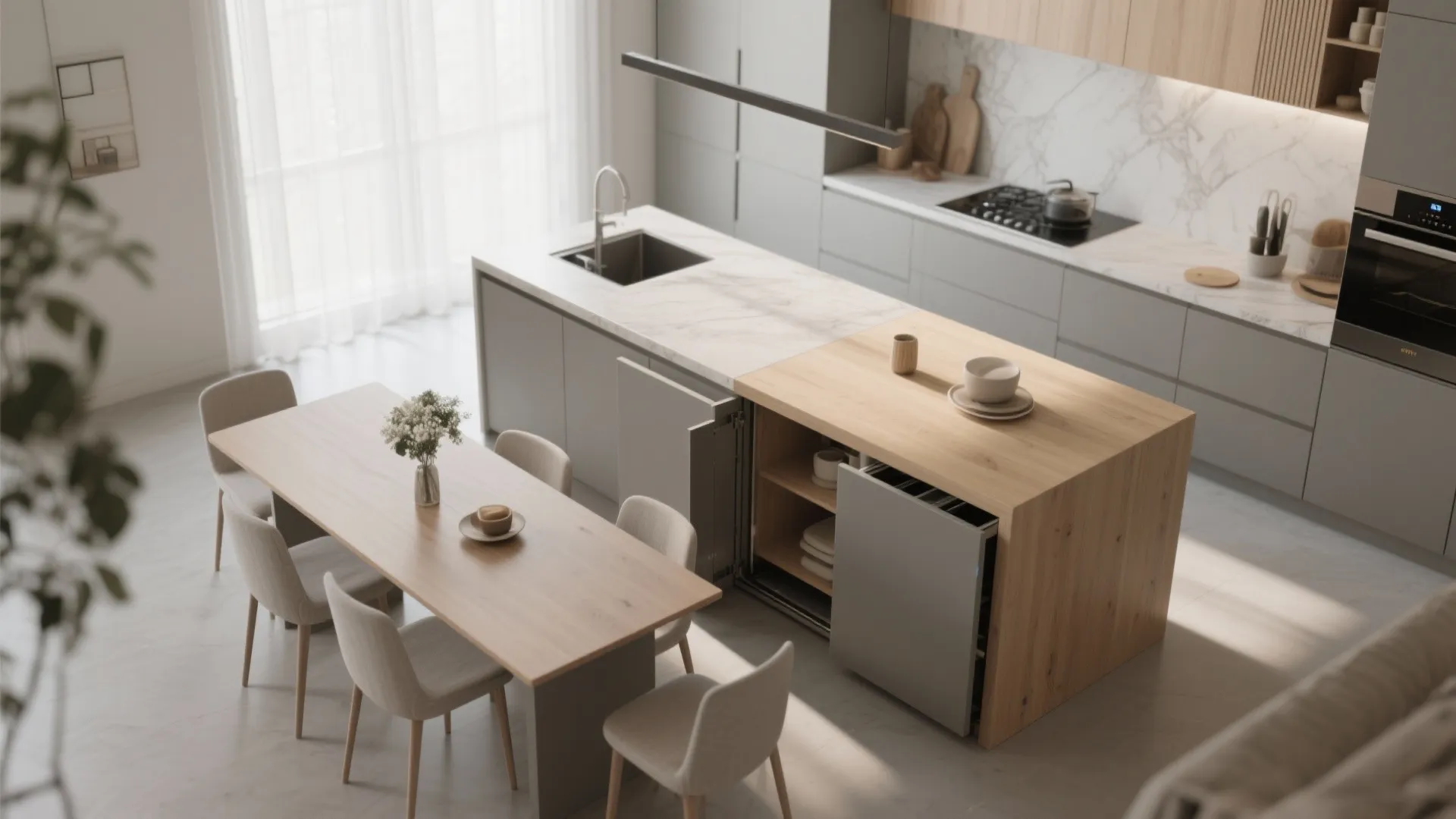 Modern grey kitchen with marble island wooden dining table grey chairs and hidden storage space