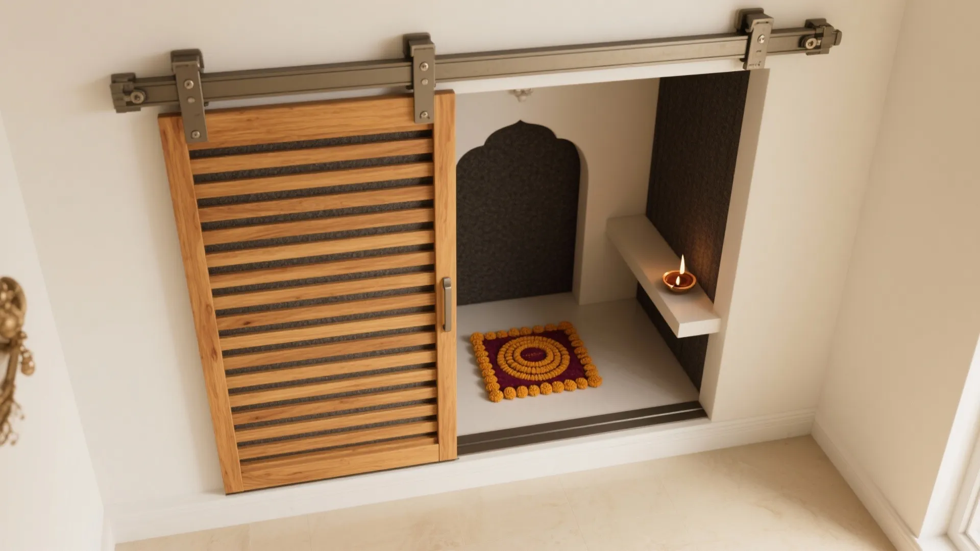 Sliding Teak Screen for Micro Pooja Nooks