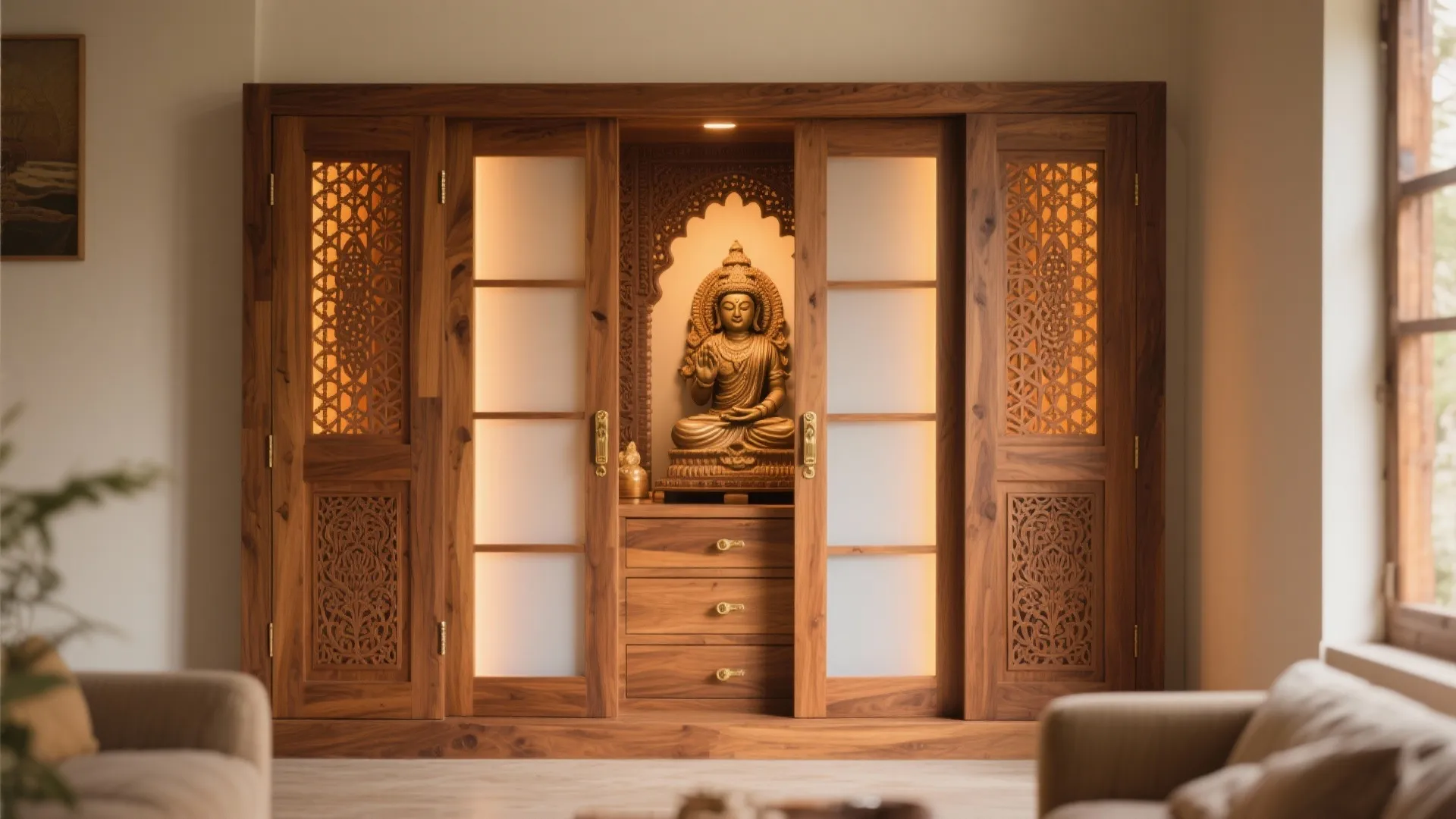 Large wooden cabinet with sliding doors and golden statue inside living room using soft lighting
