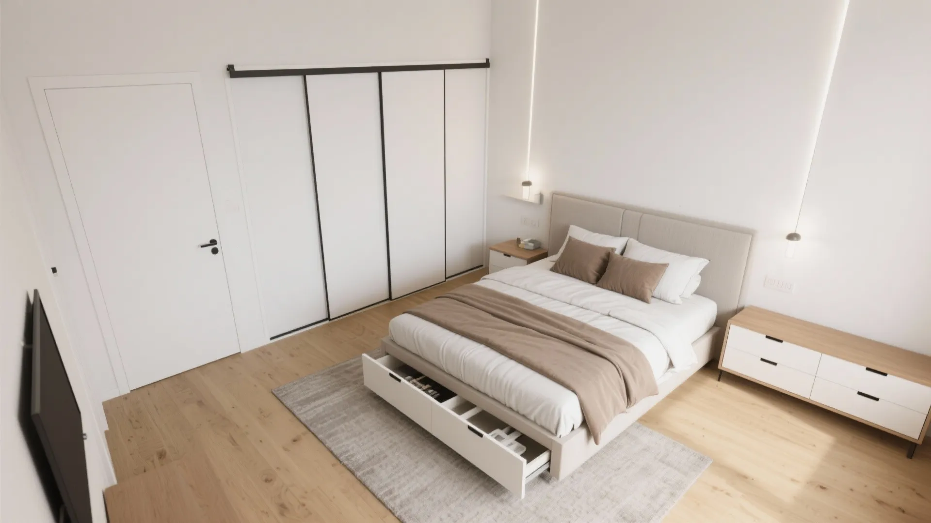 Top-down view with a king bed, pocket door, under-bed drawers at the foot, a slim bench, and a clear pathway.