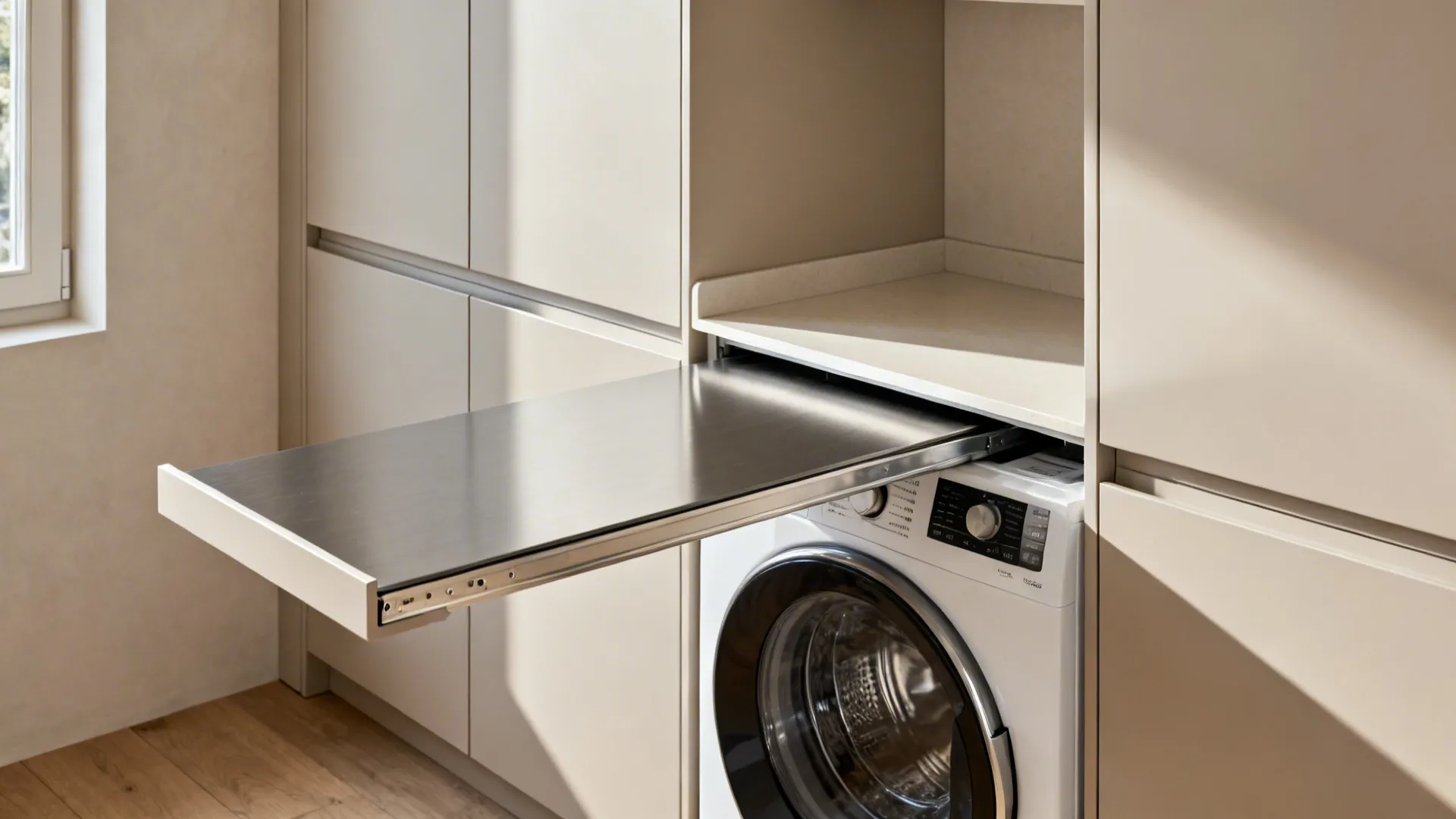 Sliding stainless worktop extends over a washer, revealing controls when retracted.