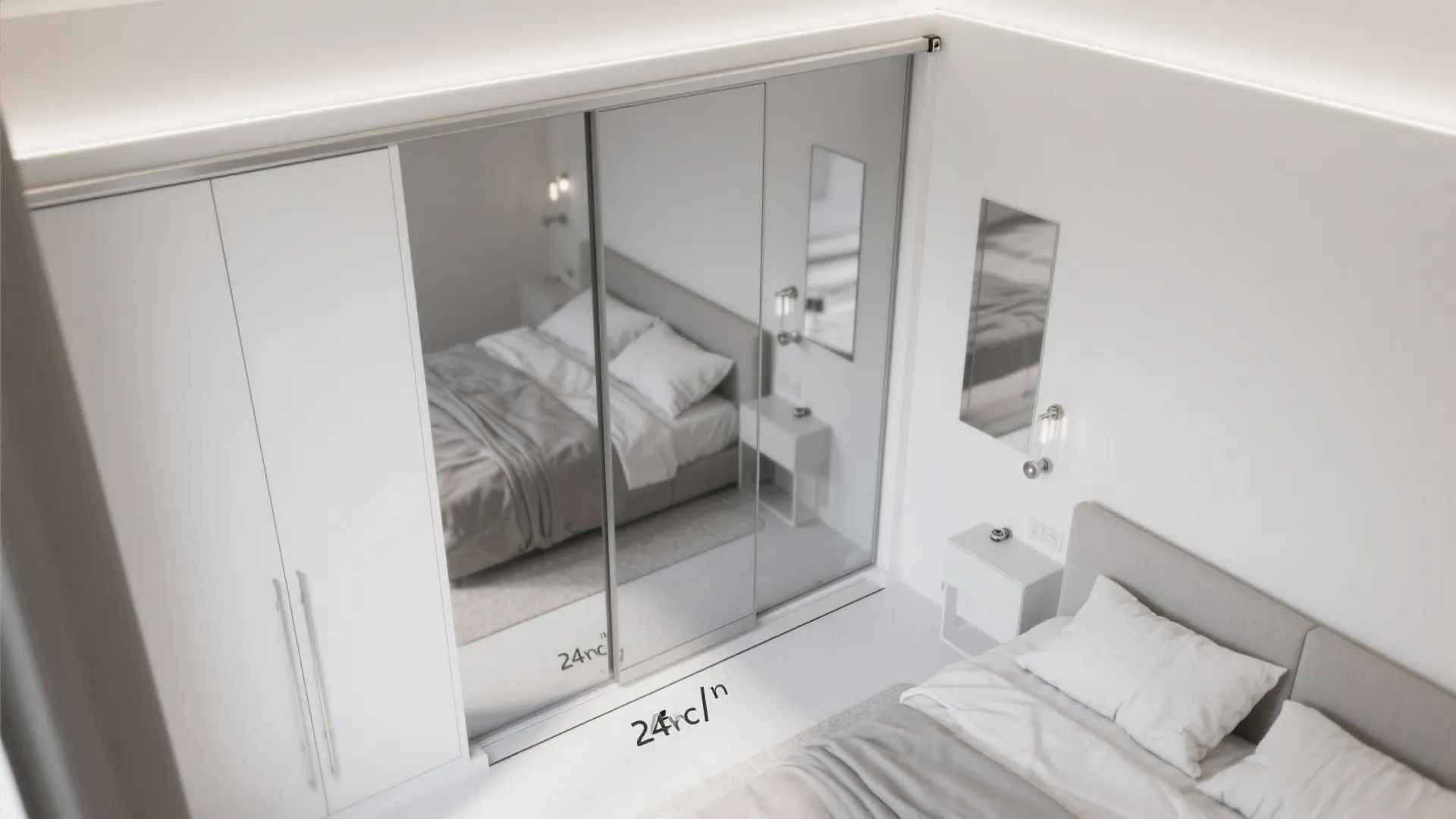 Top view of white bedroom showing sliding mirror doors reflecting a bed with soft grey bedding