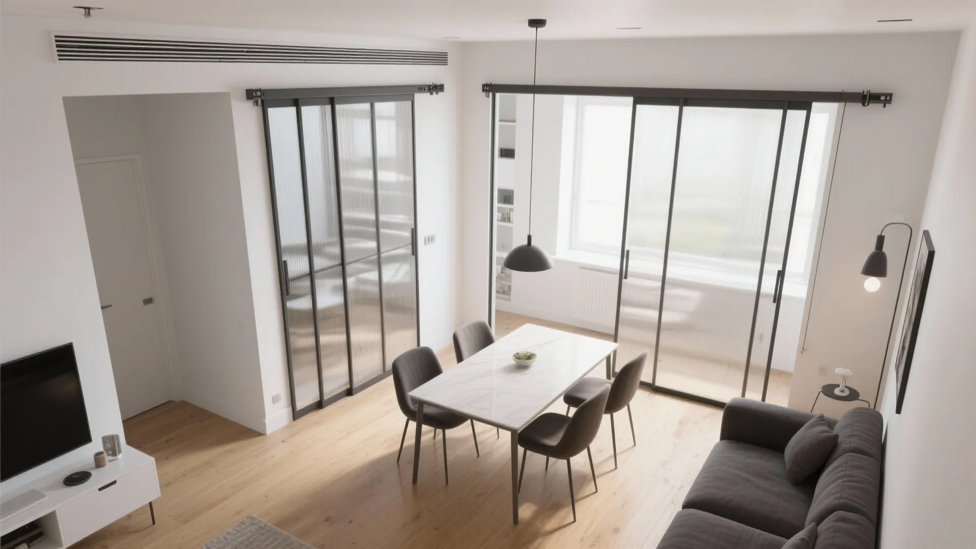 2) Sliding glass panels or pocket doors: zone without killing circulation