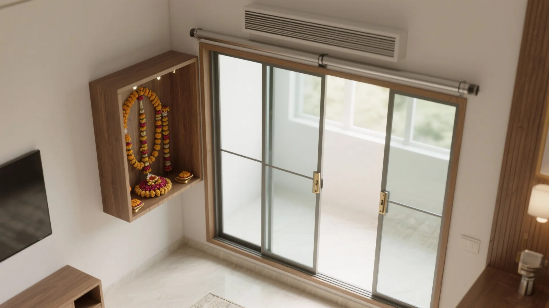 Top down view of a prayer room with sliding glass doors wooden cabinet and wall light