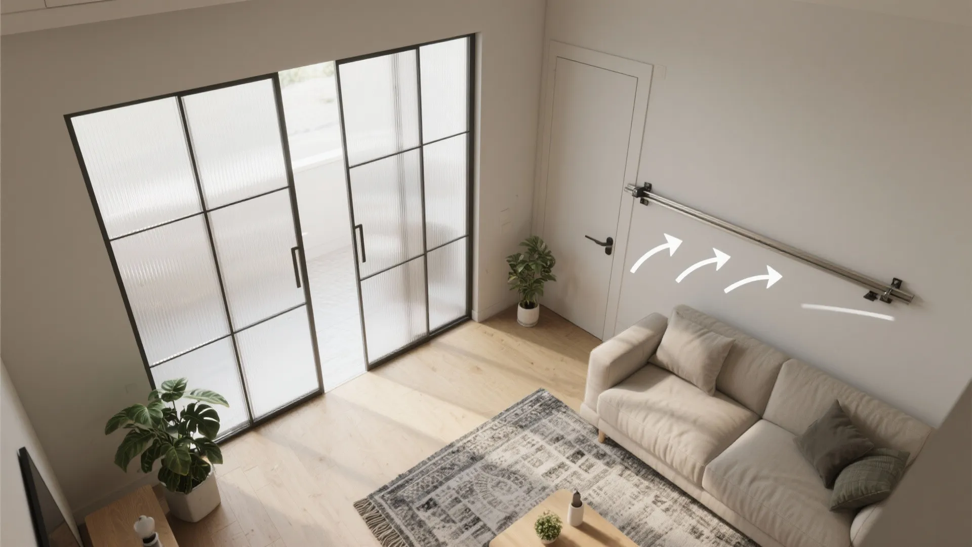 Modern living room layout showing a beige sofa rug green plants and black glass sliding doors