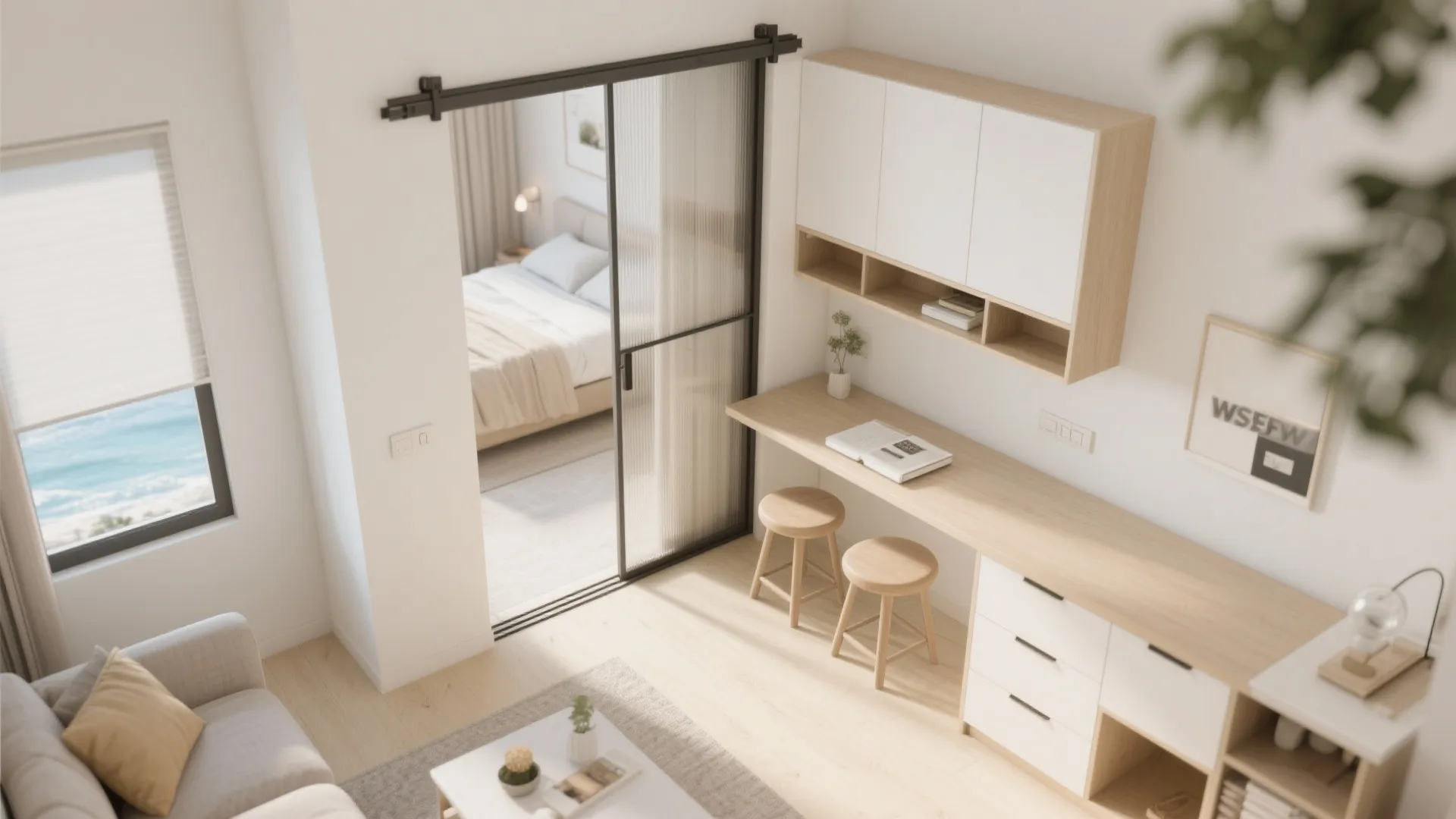 Sliding partitions and fold-down dining