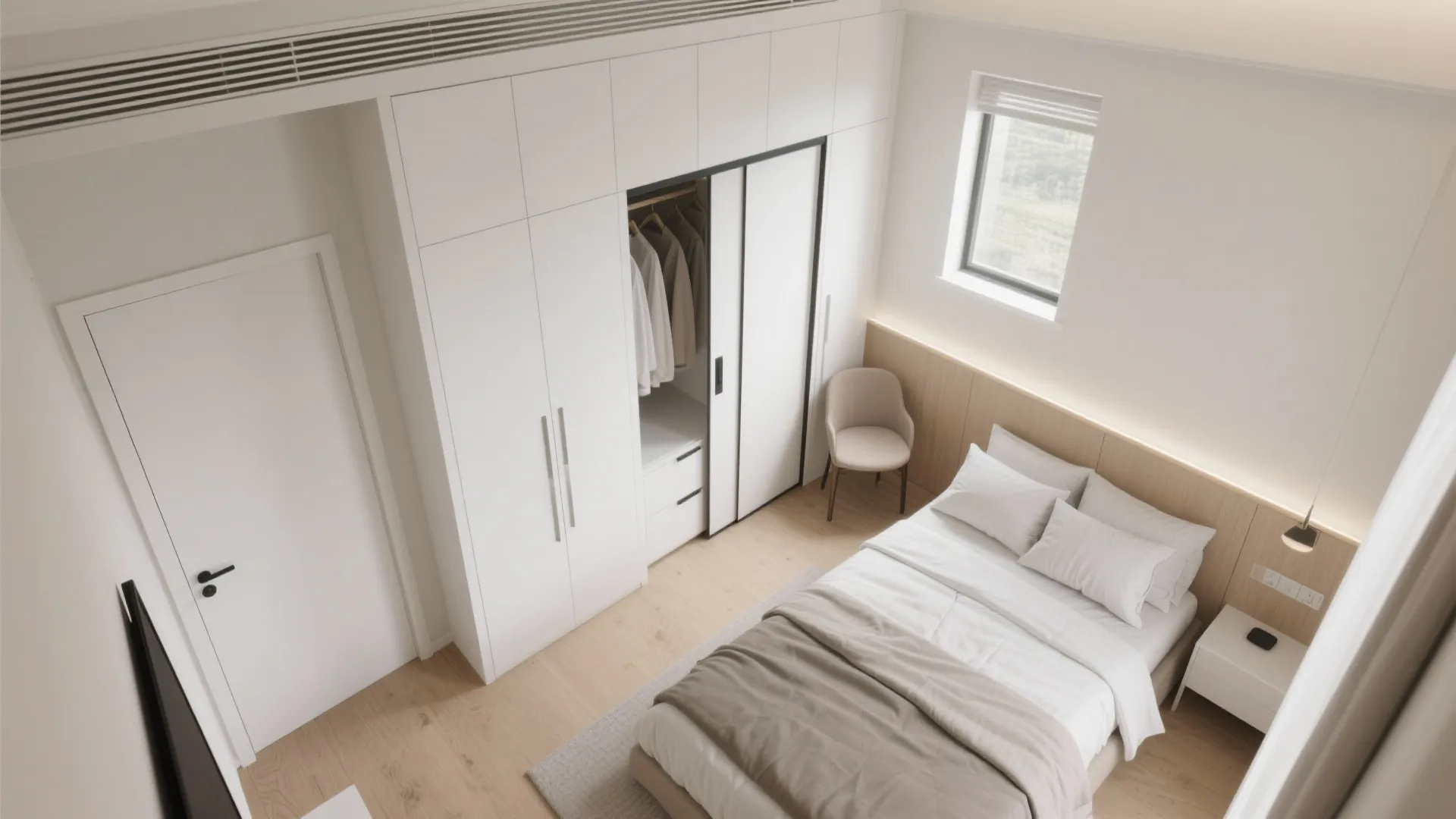 Sliding doors and built-ins to free floor space