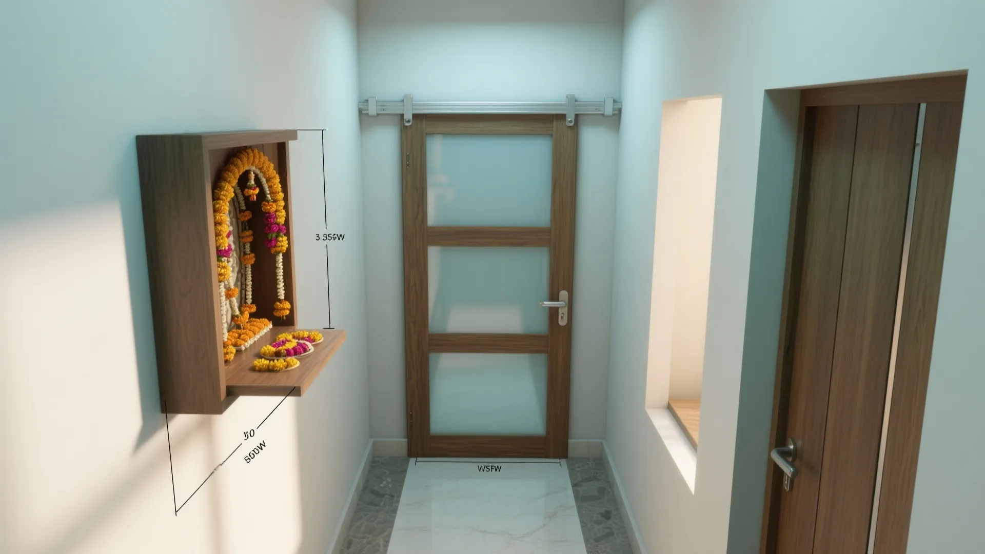 Interior design drawing with sliding glass door hanging shrine wall light and white marble floor tiles