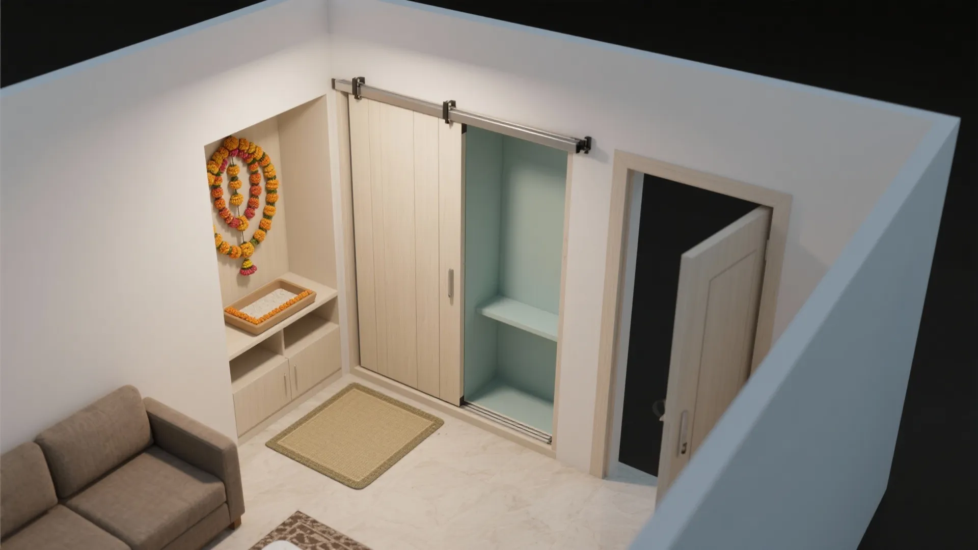 Sliding-Door Mandir Cupboard in a Living Room Niche
