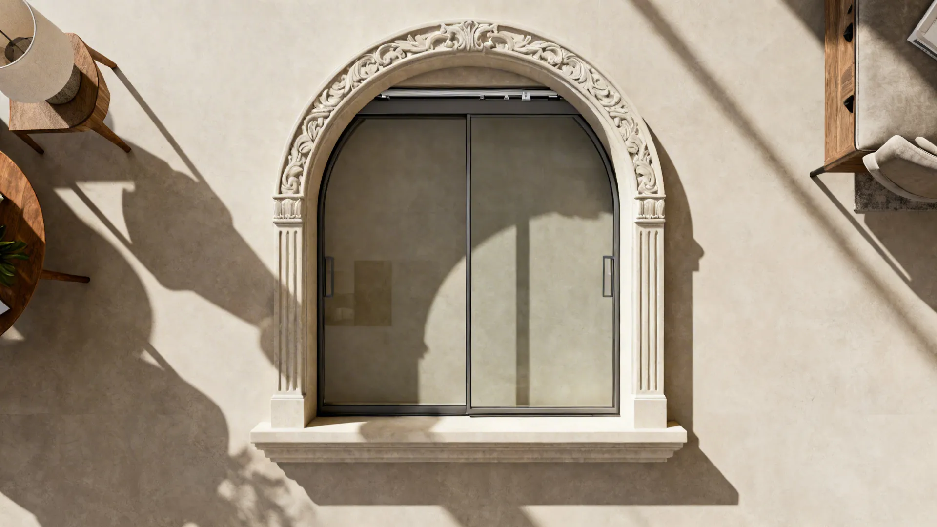 Top-down view of sliding glass panels within an arched frame showing overlap and track position.