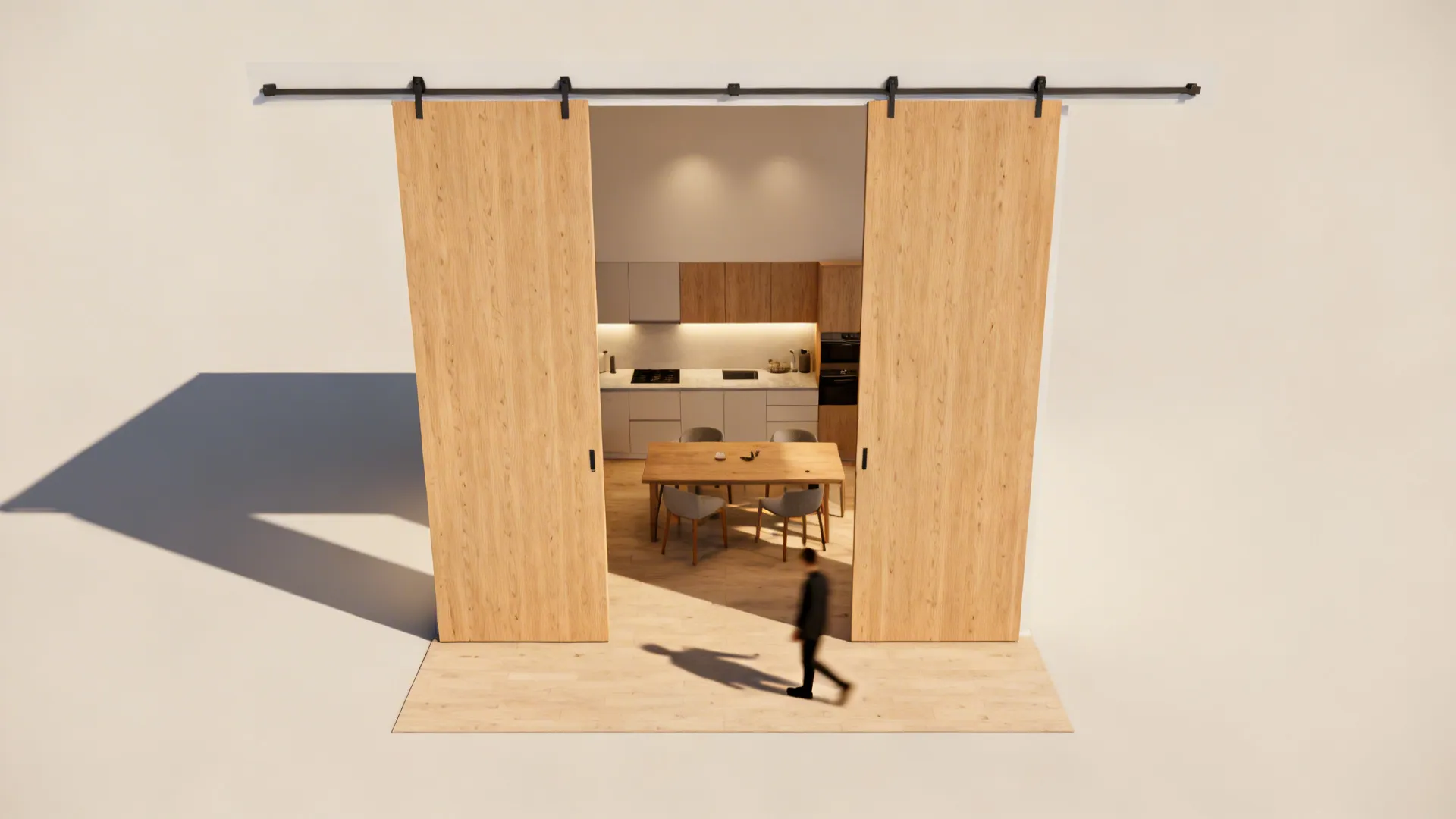 Top-down layout view showing sliding plywood panels guiding circulation in a compact space.