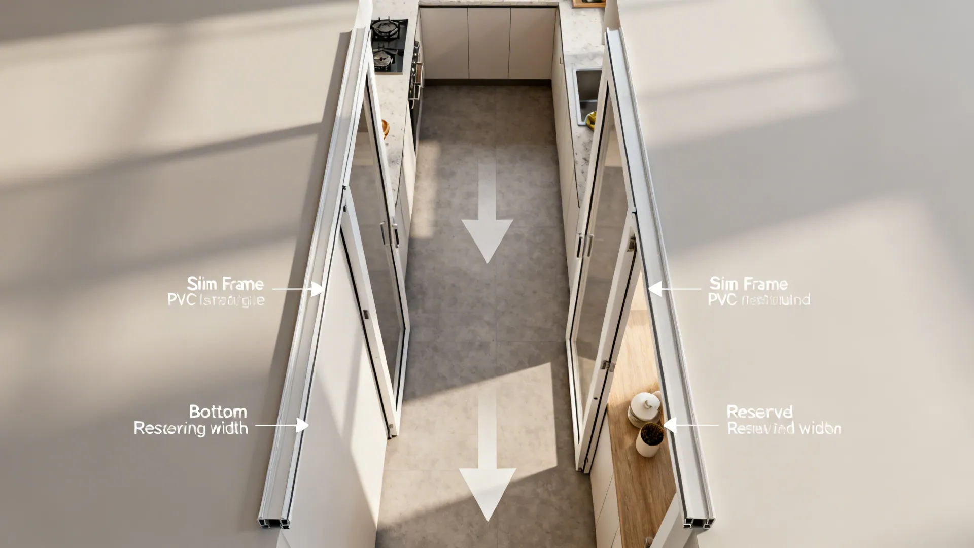 Top-down view of a galley kitchen showing PVC sliding door flow and aisle clearance.
