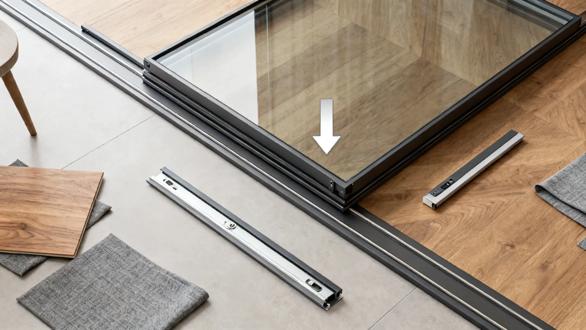 Top-down layout showing sliding glass panel stack and track positions in a living room.
