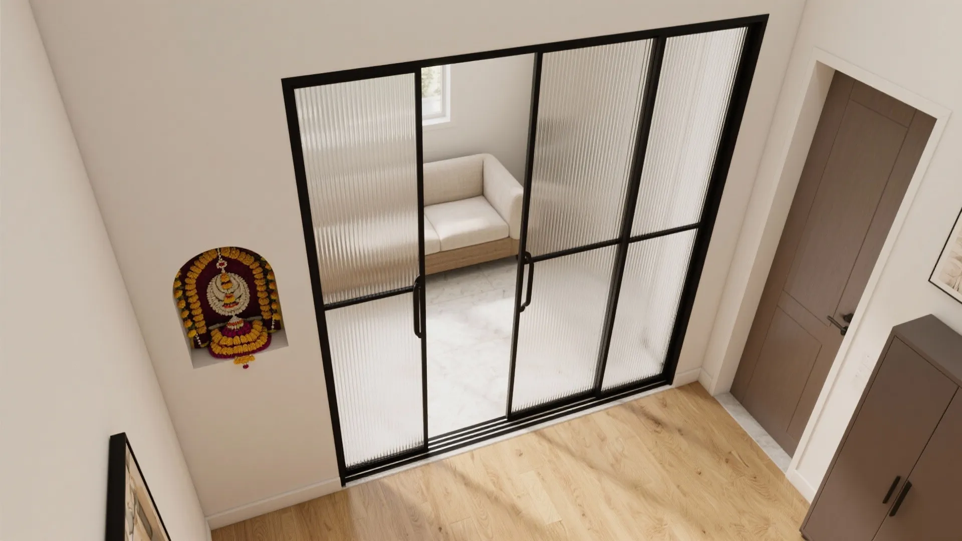 3) Sliding fluted-glass doors with slim black frames