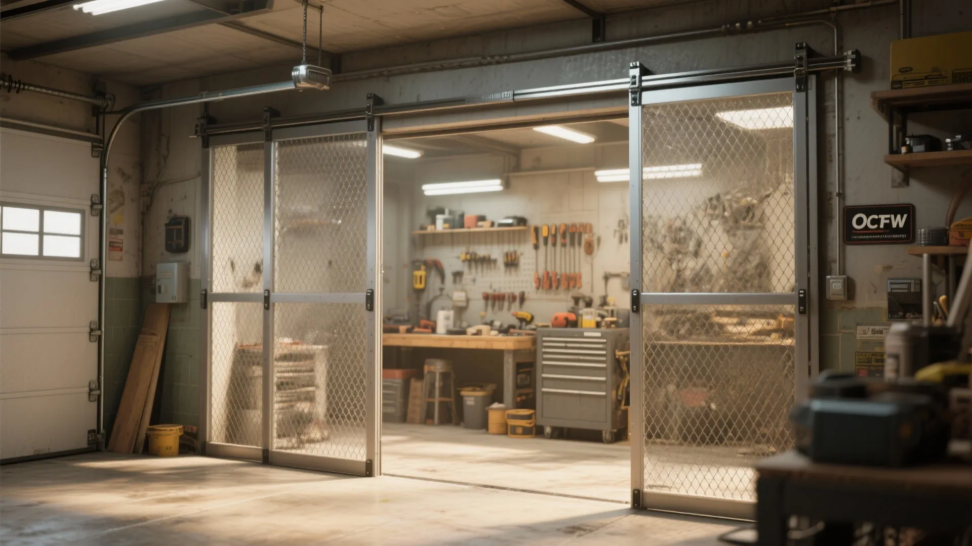 Garage interior with sliding mesh screen door showing a workshop with workbench and many tools
