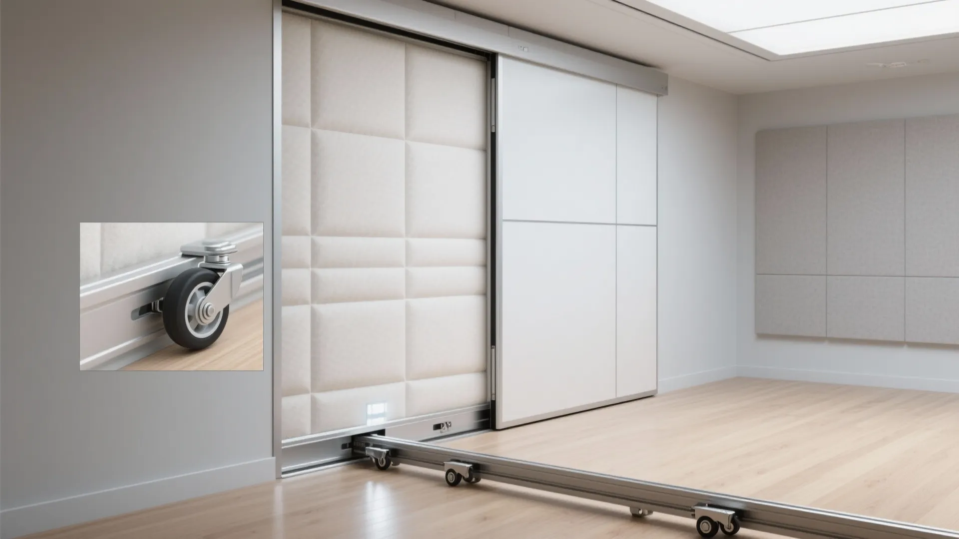 Premium sliding panel gliding on a recessed floor track with hidden caster wheels in a compact studio.