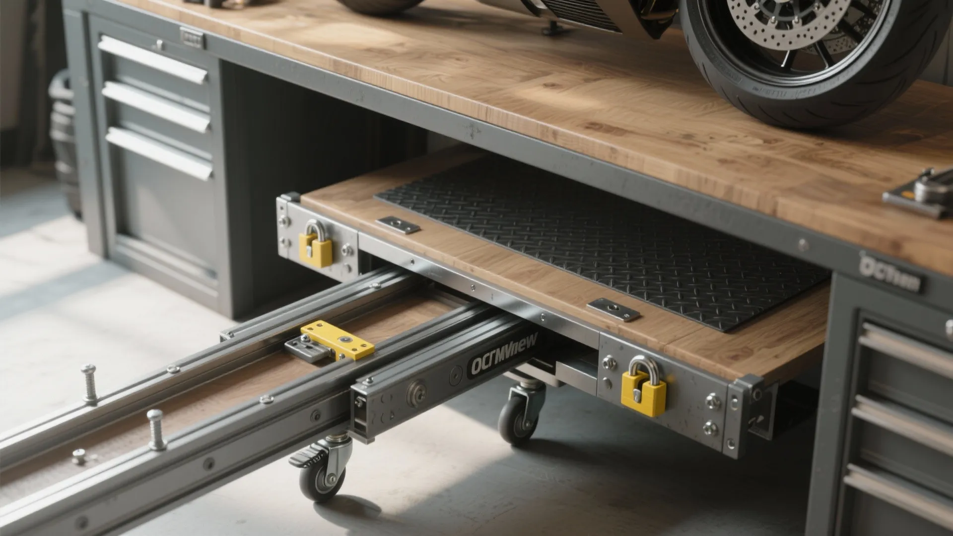 3. Sliding track table — roll-and-lock convenience