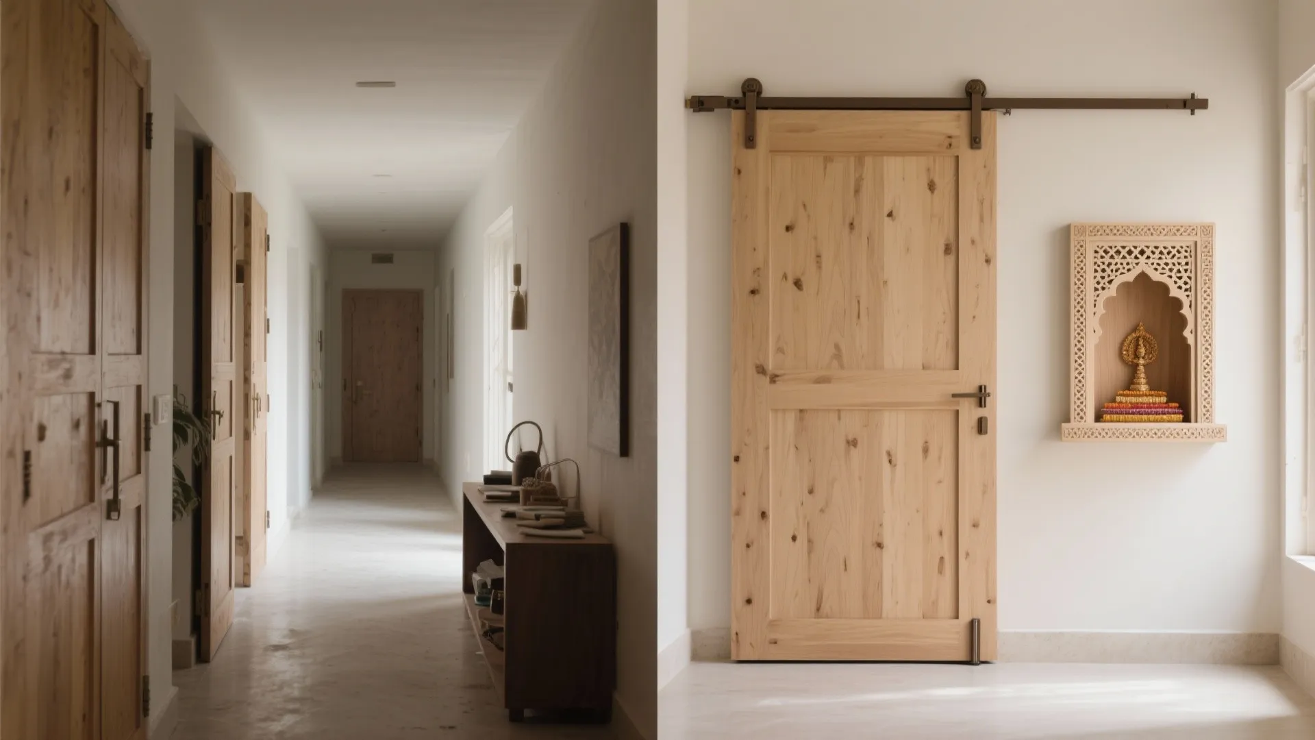 Bright white hallway with sliding wooden door wooden wall panel and a small wall prayer niche