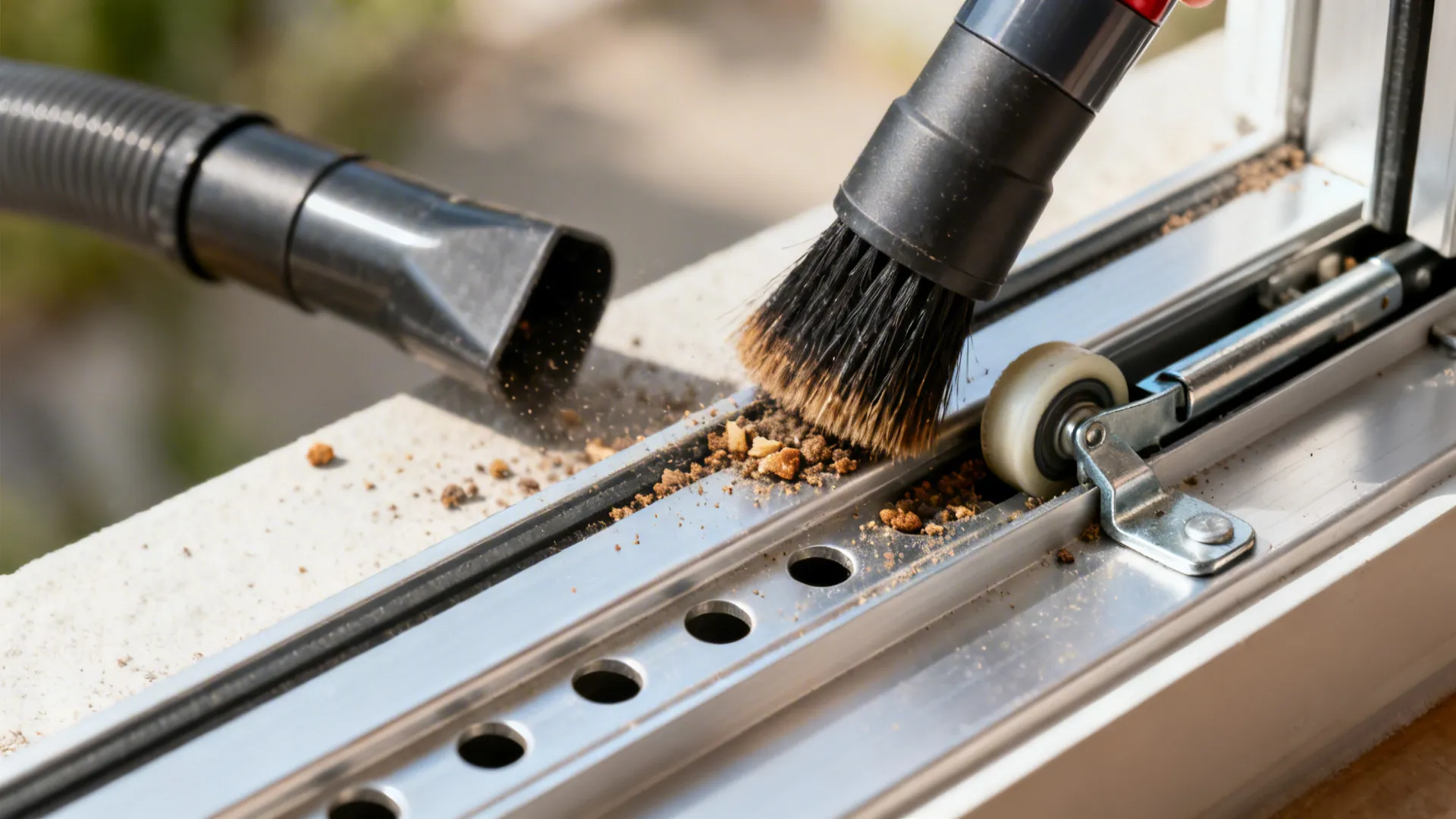 Cleaning dirt from metal window sliding track using a brush and a vacuum cleaner nozzle