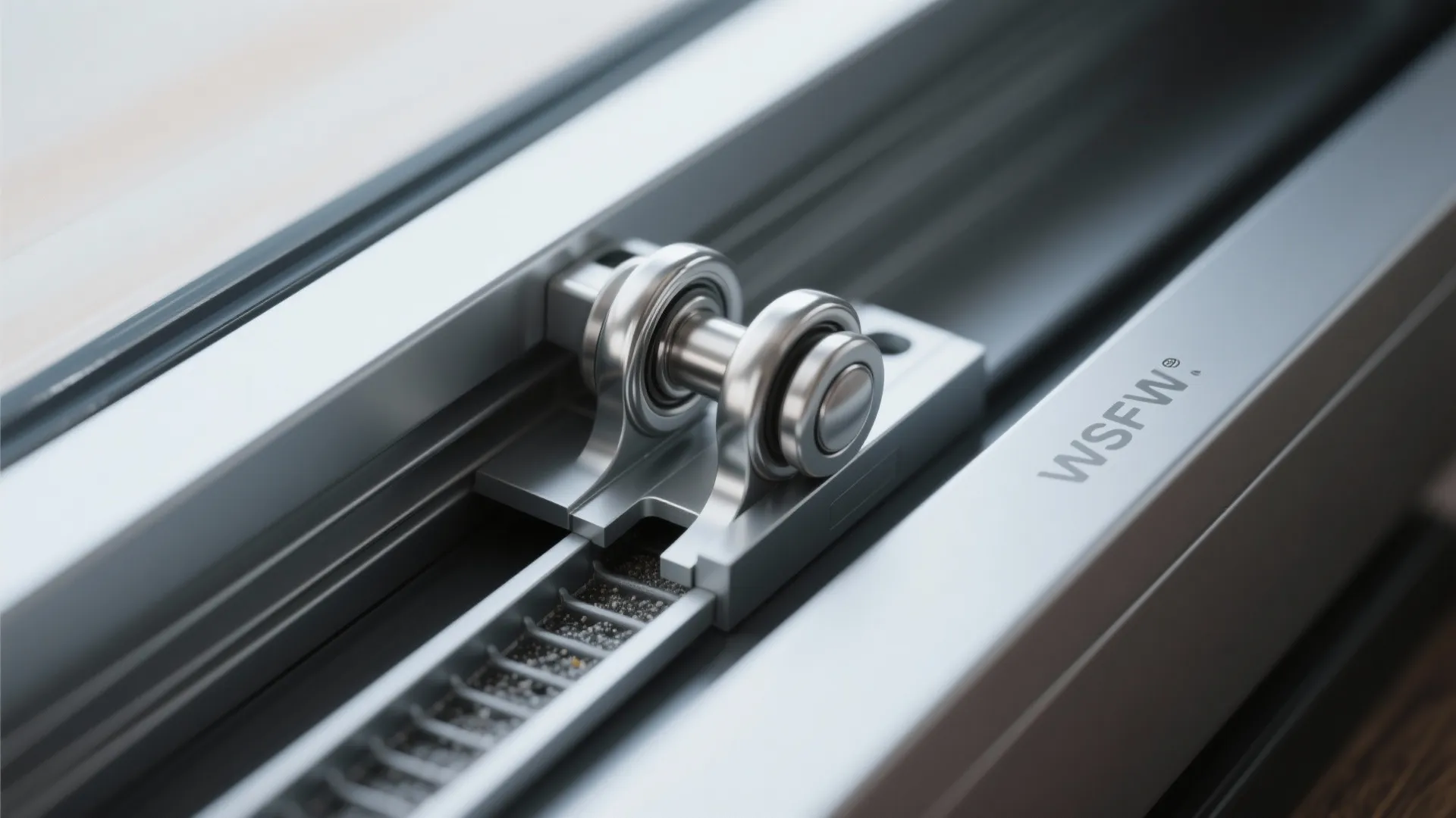 Close-up of a sliding door track with stainless rollers and drainage channel.