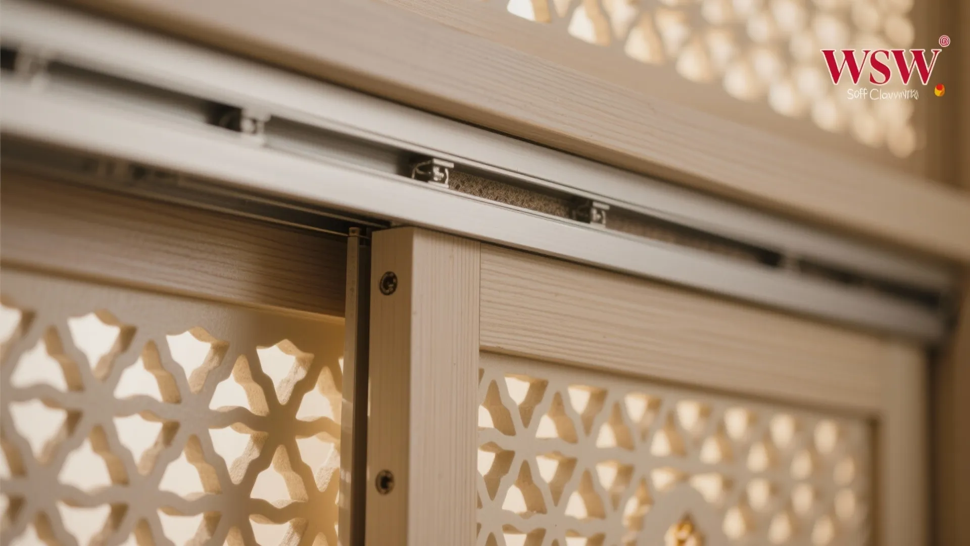 Macro of soft-close sliding channel and lattice jaali texture with warm backlight.