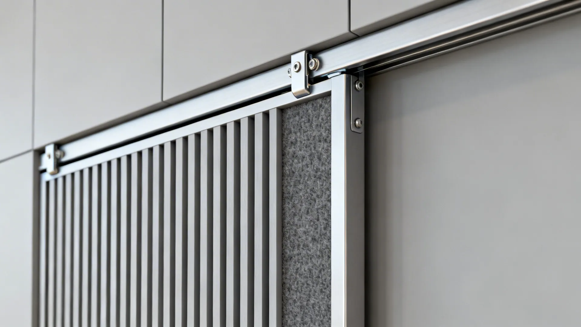Close-up of level sliding track with soft-close hardware and slatted panel with acoustic felt.