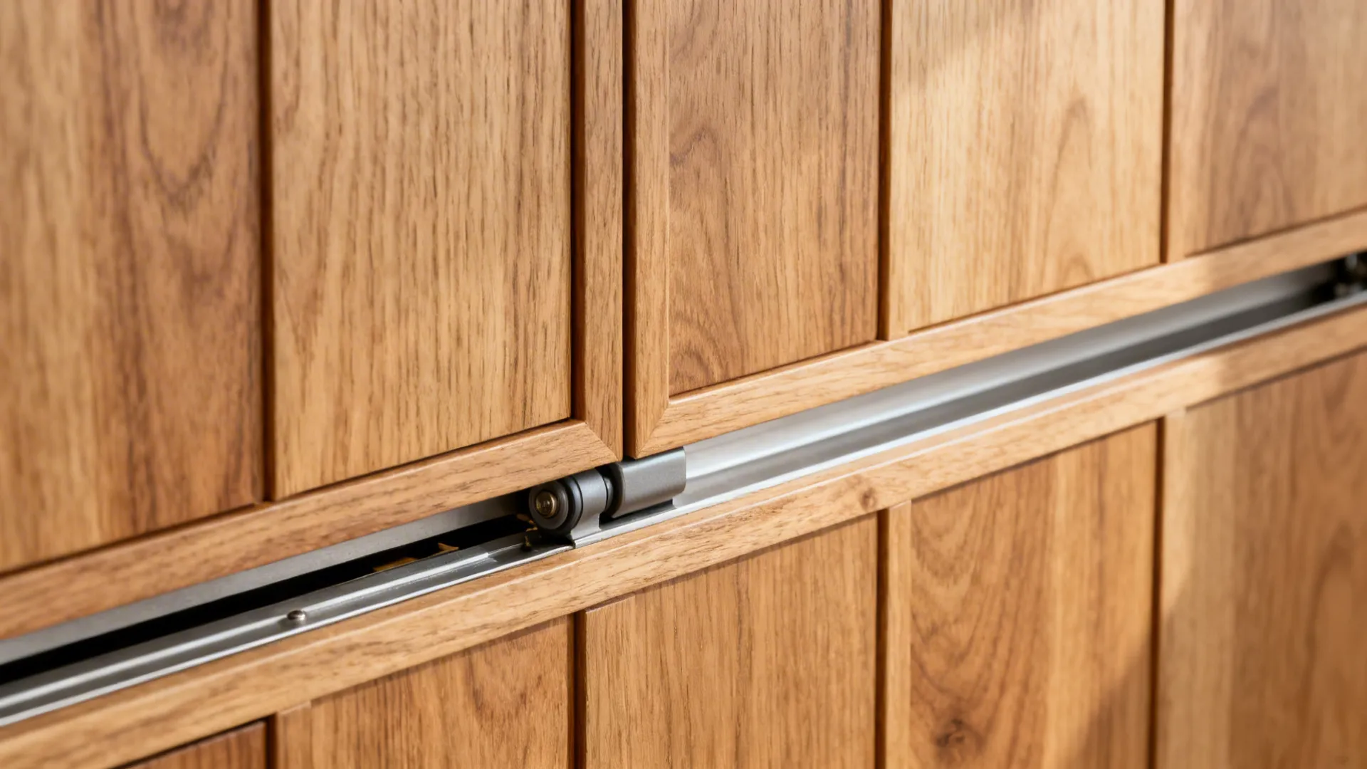 Macro view of rift-cut oak sliding door with soft-close track and precise grain matching.