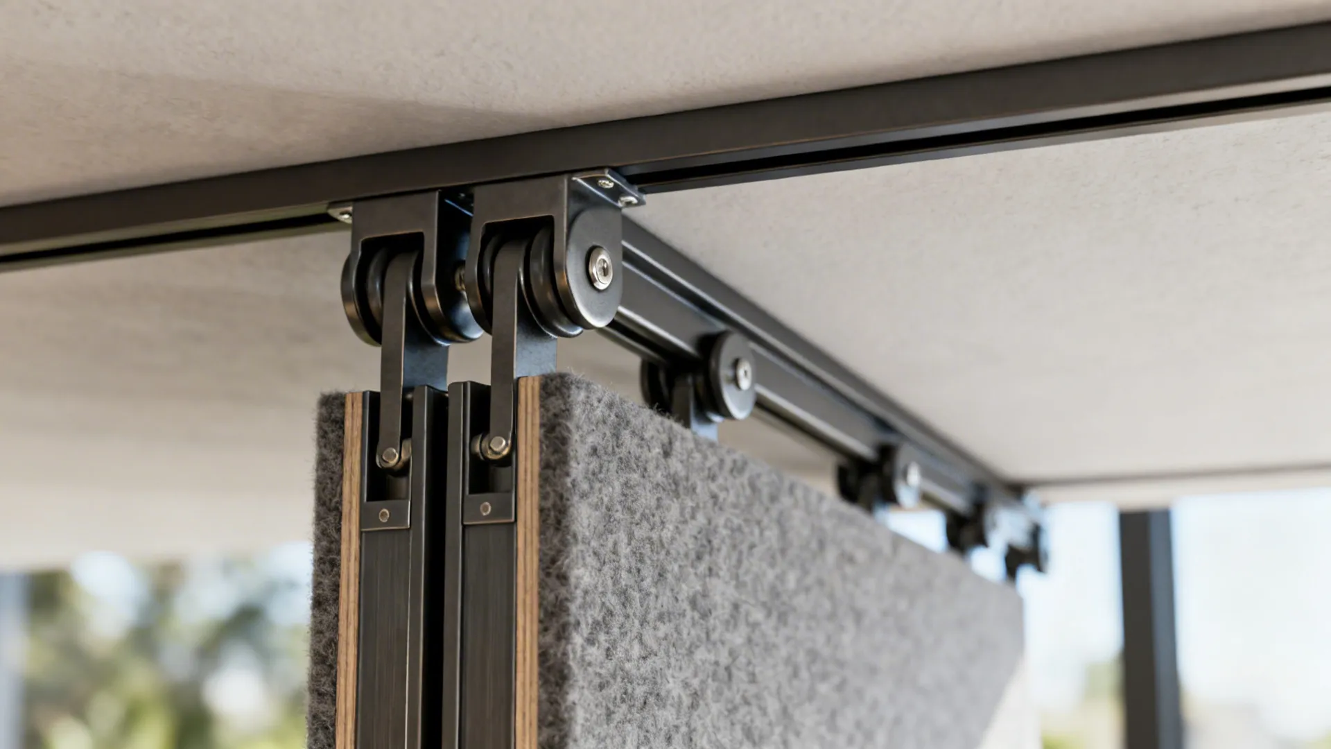Detailed view of a black sliding door track system with metal rollers and grey panels